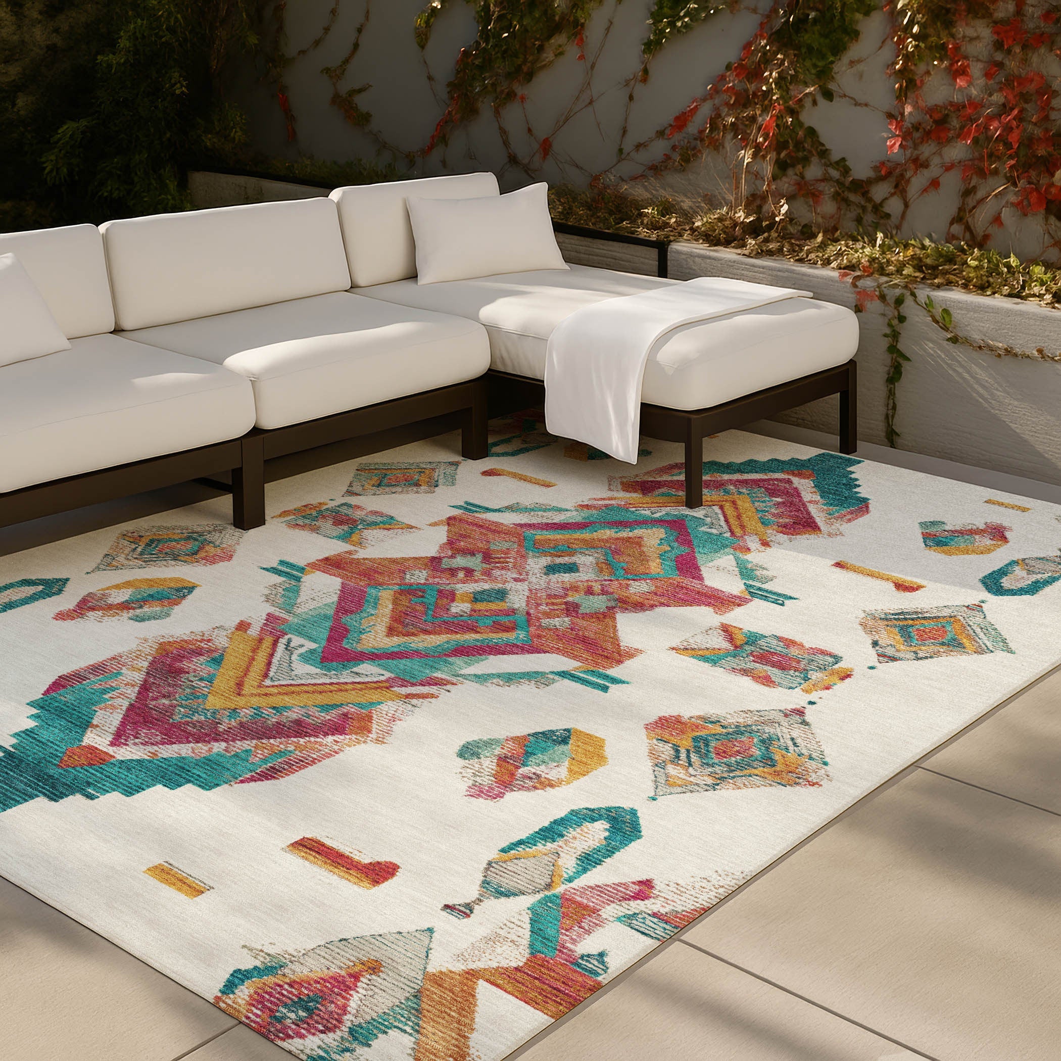 9' X 12' Ivory And Coral Tribal Washable Indoor Outdoor Area Rug Homeroots Outdoor