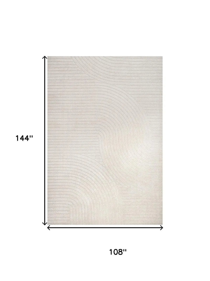 Beige area rug with textured wave pattern, measuring 144" x 108", perfect for modern home decor.