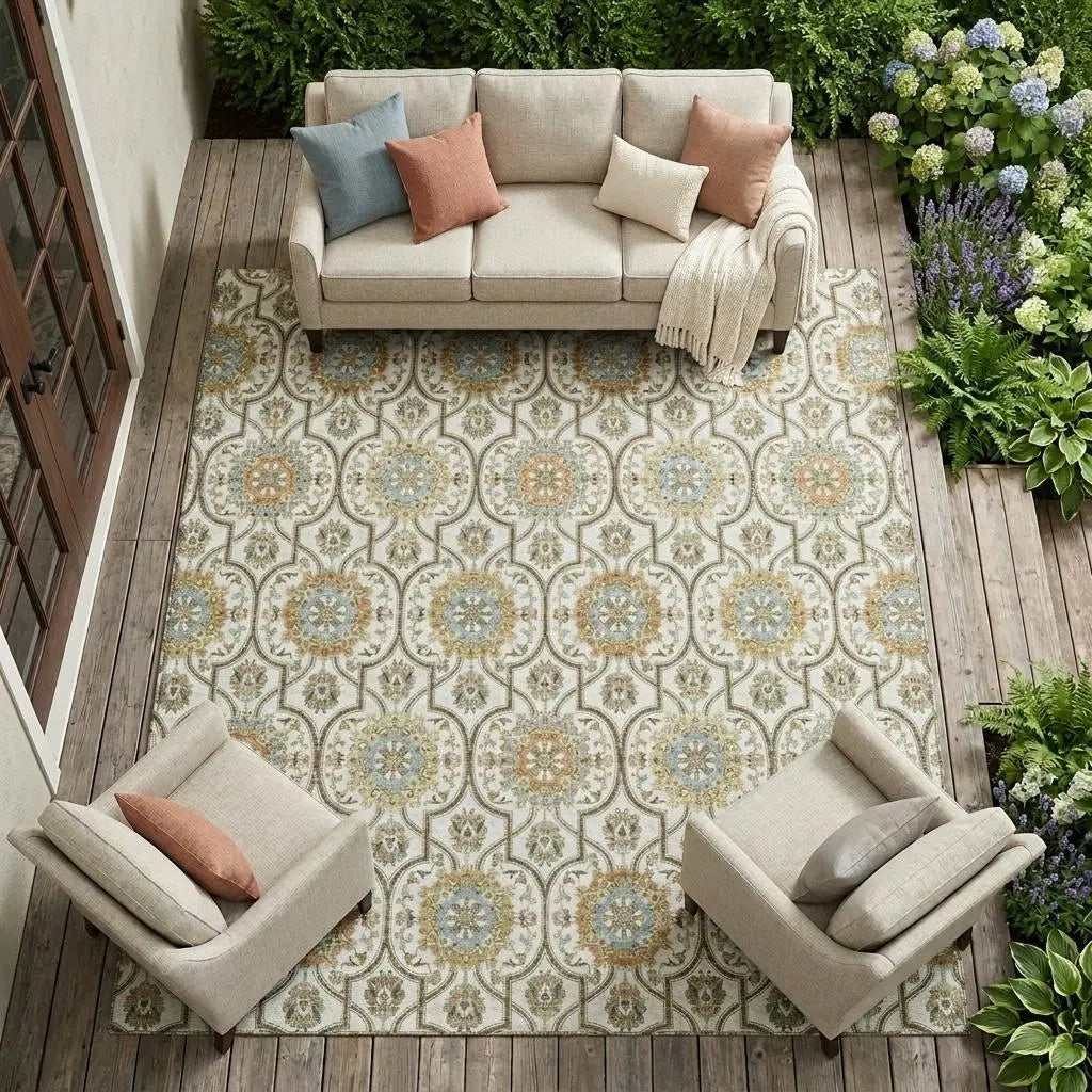 9' X 12' Ivory And Gold Floral Medallion Washable Indoor Outdoor Area Rug Homeroots Outdoor