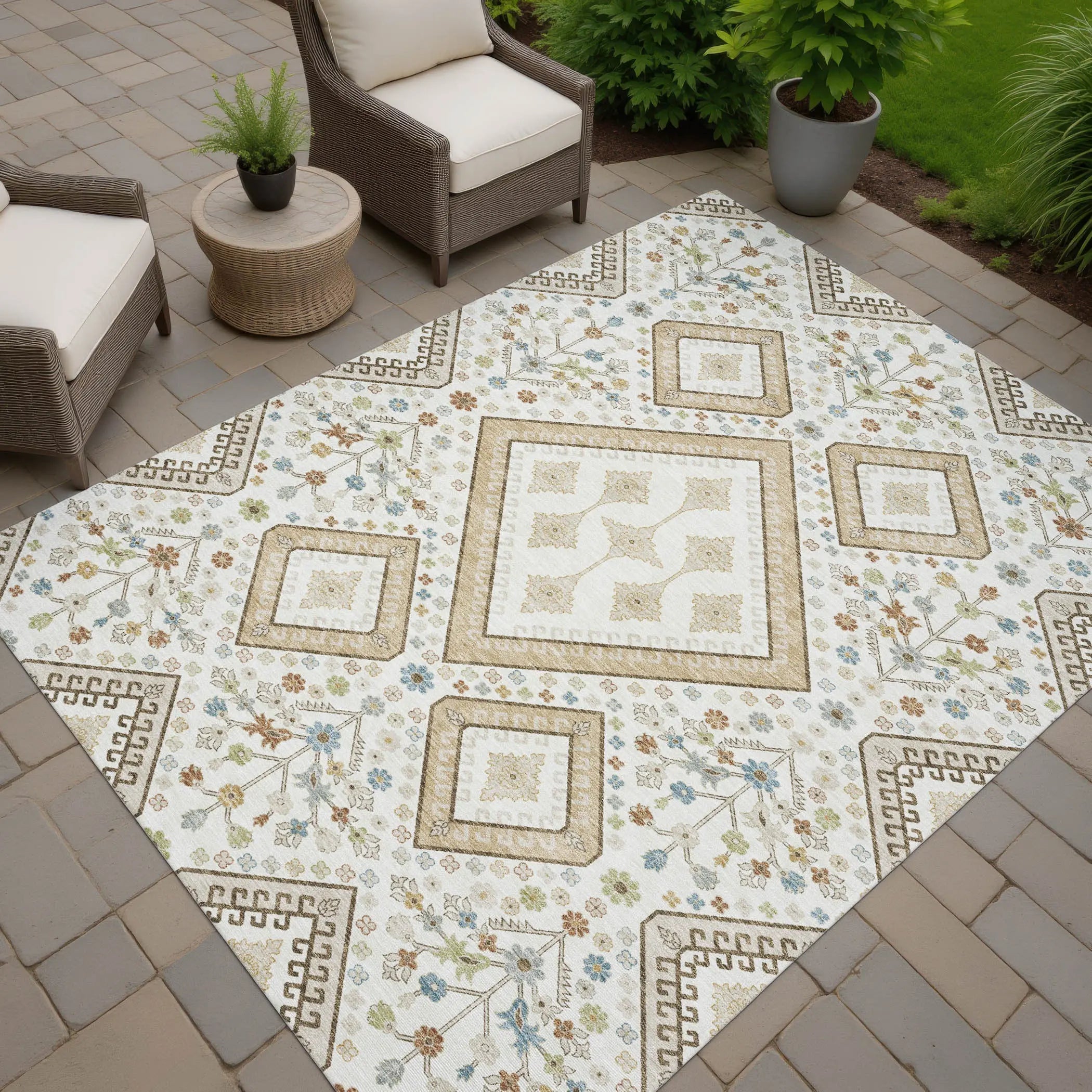 9' X 12' Ivory And Gold Medallion Washable Indoor Outdoor Area Rug Homeroots Outdoor