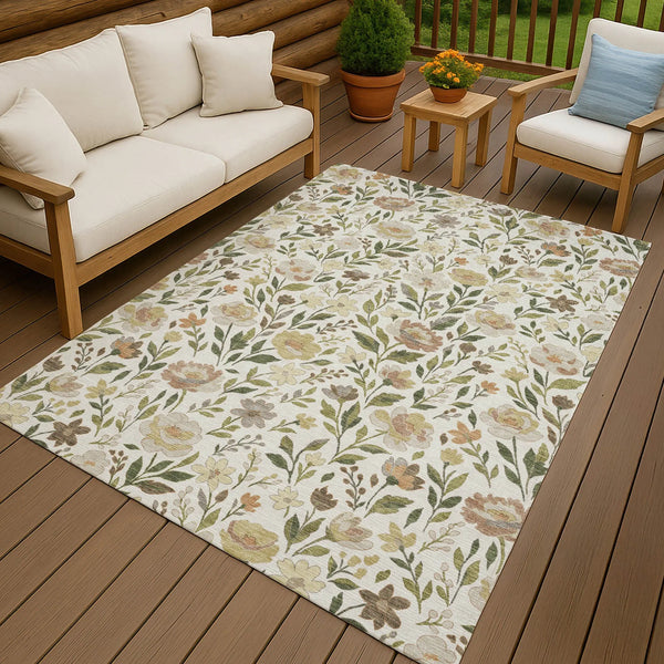 9' X 12' Ivory And Gray Floral Washable Indoor Outdoor Area Rug Homeroots Outdoor