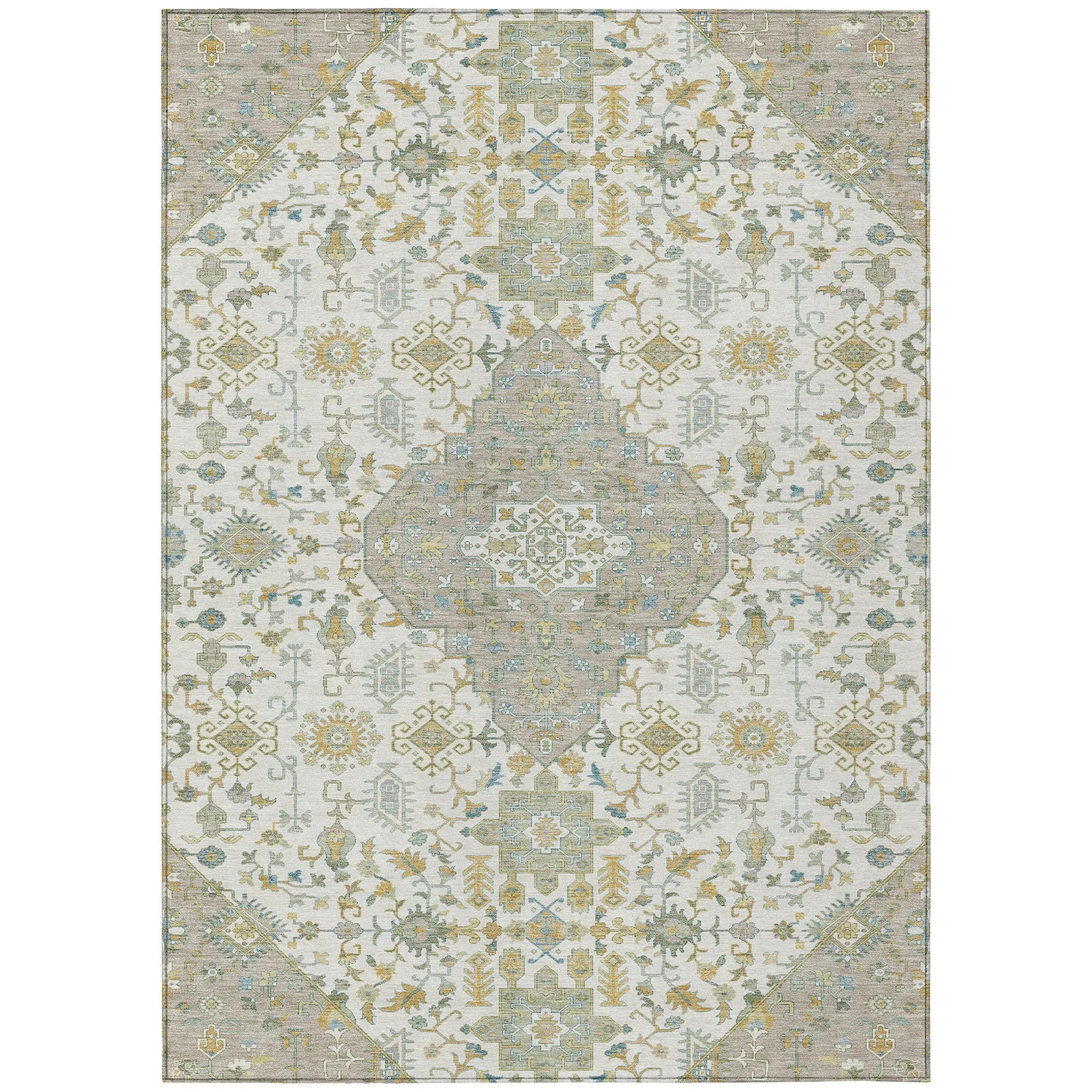 9' X 12' Ivory And Green Medallion Washable Indoor Outdoor Area Rug Homeroots Outdoor