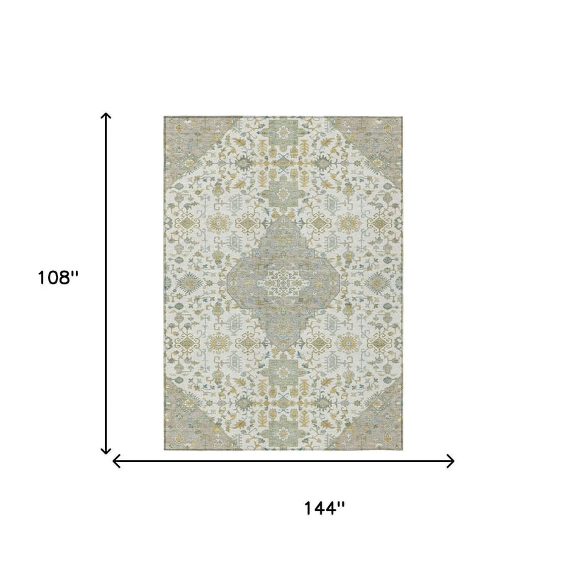 9' X 12' Ivory And Green Medallion Washable Indoor Outdoor Area Rug Homeroots Outdoor