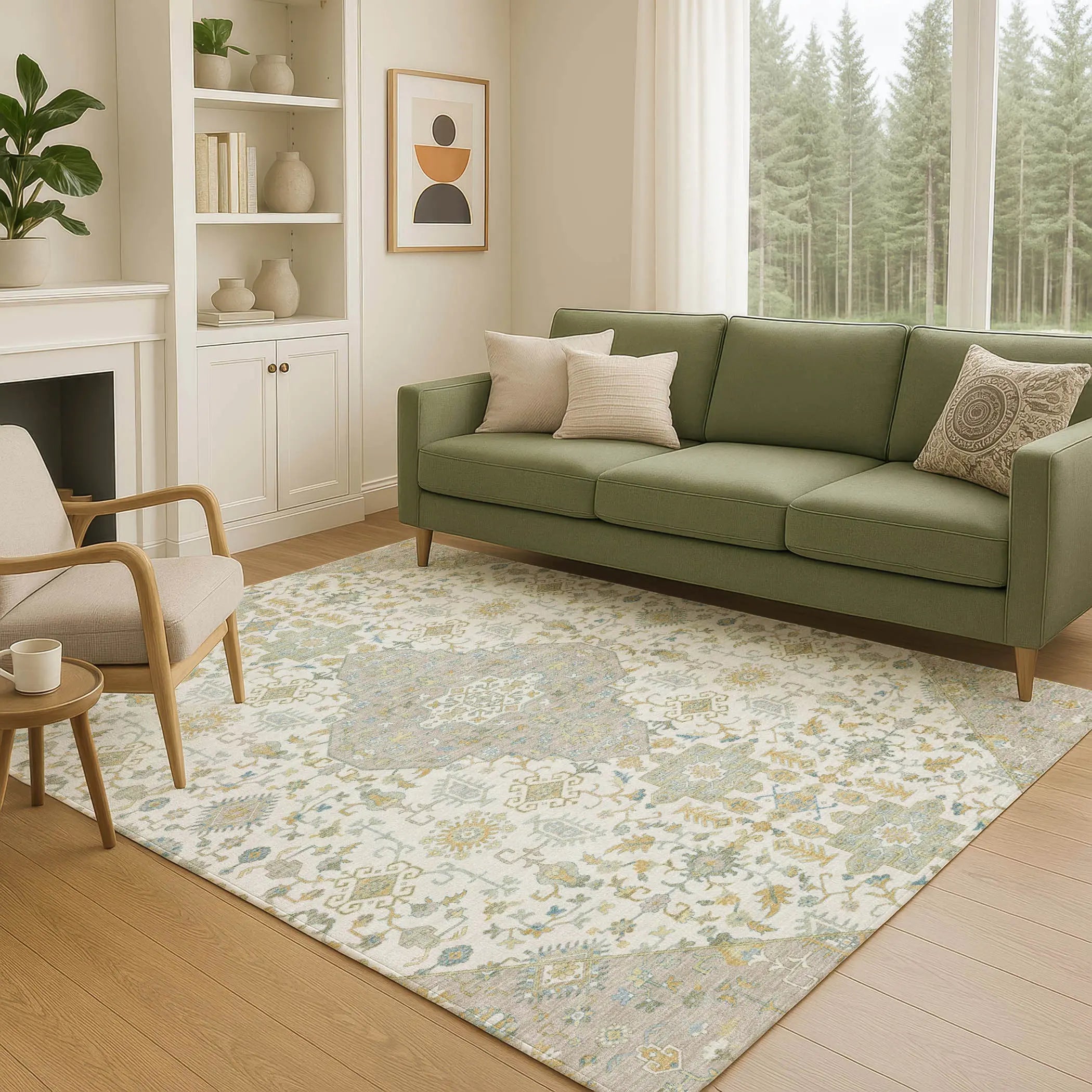 9' X 12' Ivory And Green Medallion Washable Indoor Outdoor Area Rug Homeroots Outdoor