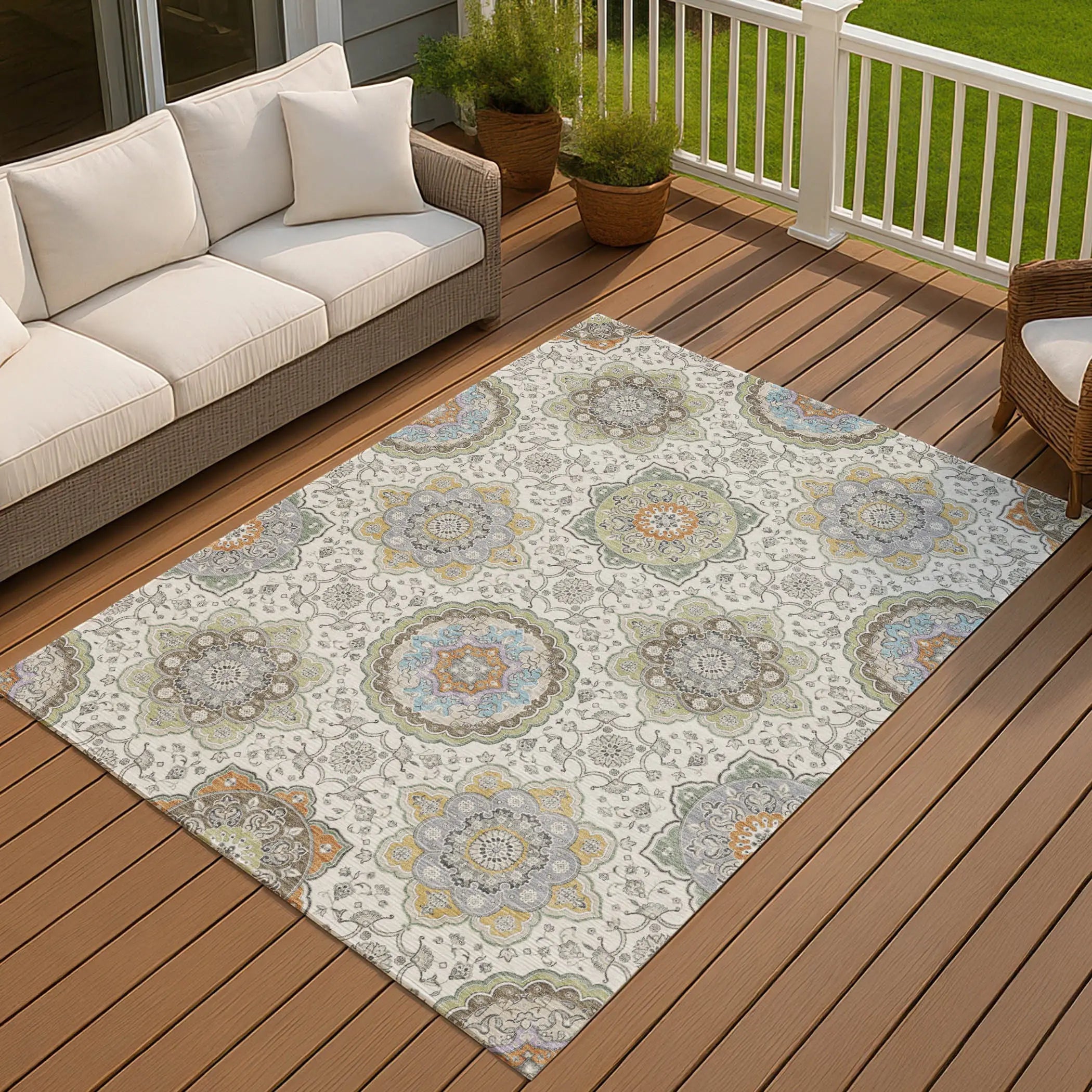 9' X 12' Ivory And Khaki Floral Medallion Washable Indoor Outdoor Area Rug Homeroots Outdoor
