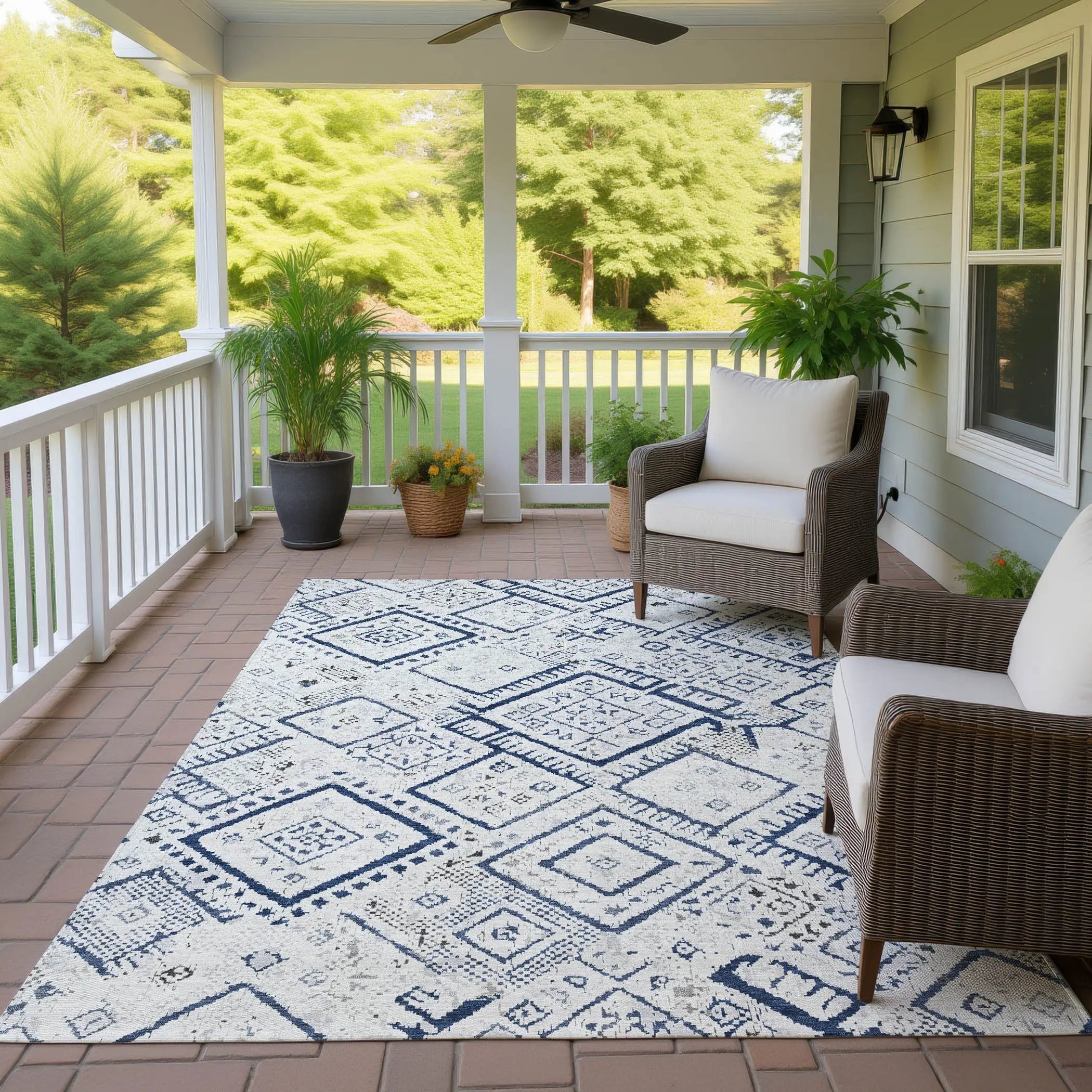 9' X 12' Ivory And Navy Blue Geometric Washable Indoor Outdoor Area Rug Homeroots Outdoor