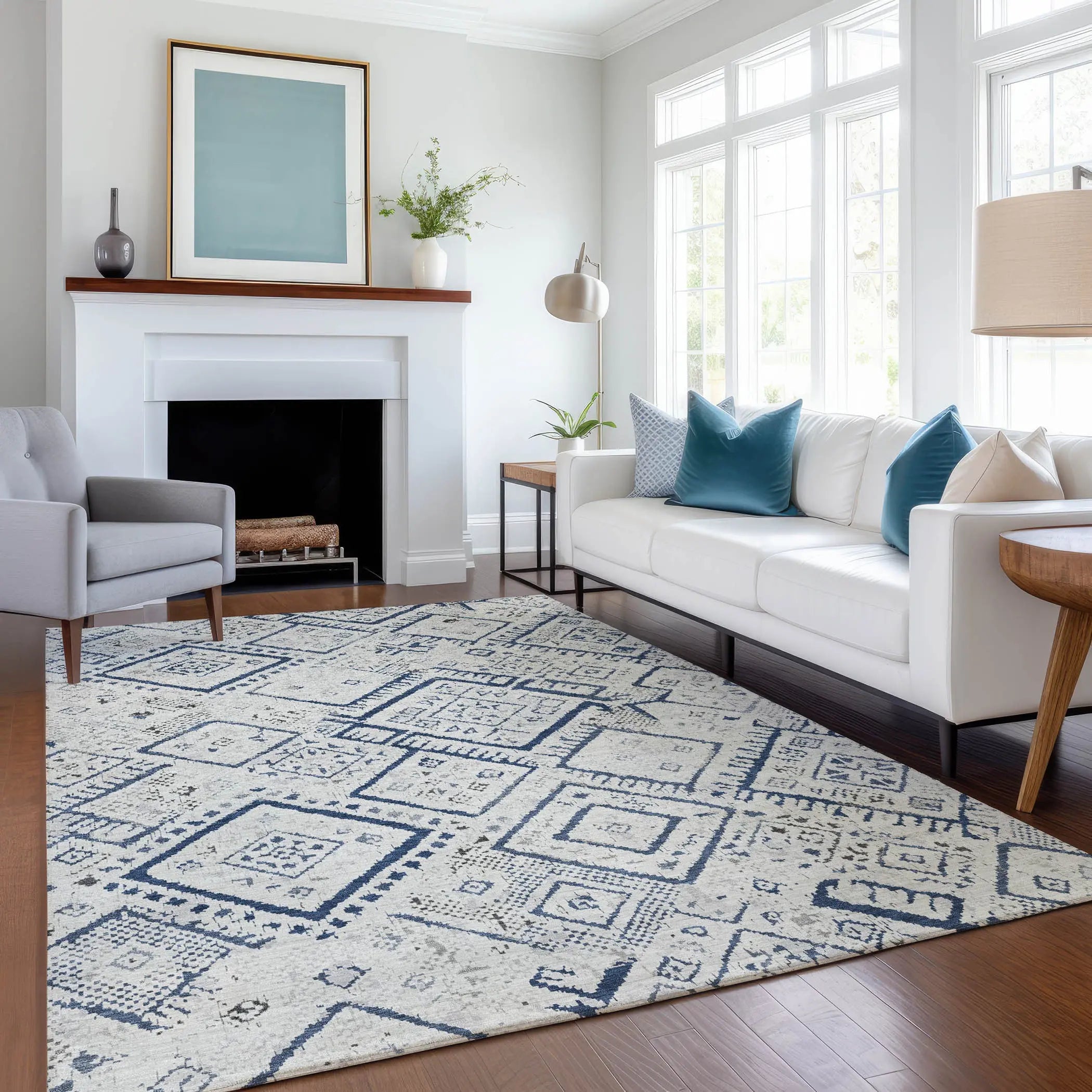 9' X 12' Ivory And Navy Blue Geometric Washable Indoor Outdoor Area Rug Homeroots Outdoor