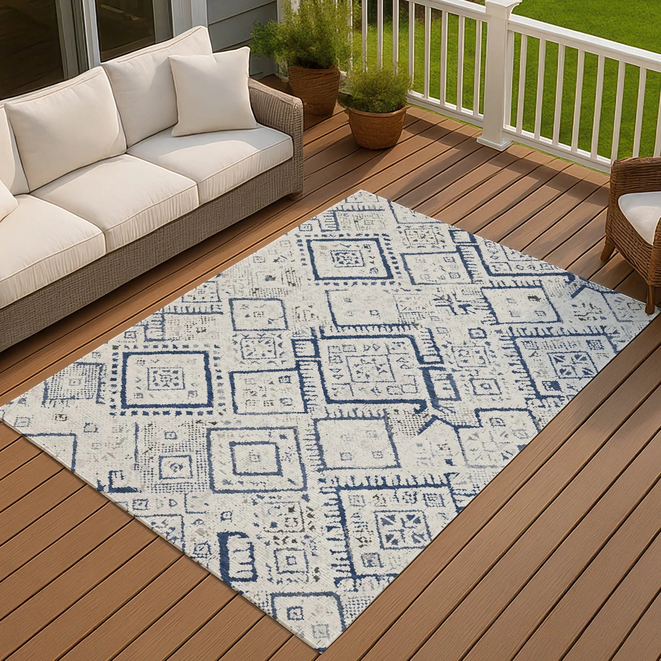 9' X 12' Ivory And Navy Blue Geometric Washable Indoor Outdoor Area Rug Homeroots Outdoor