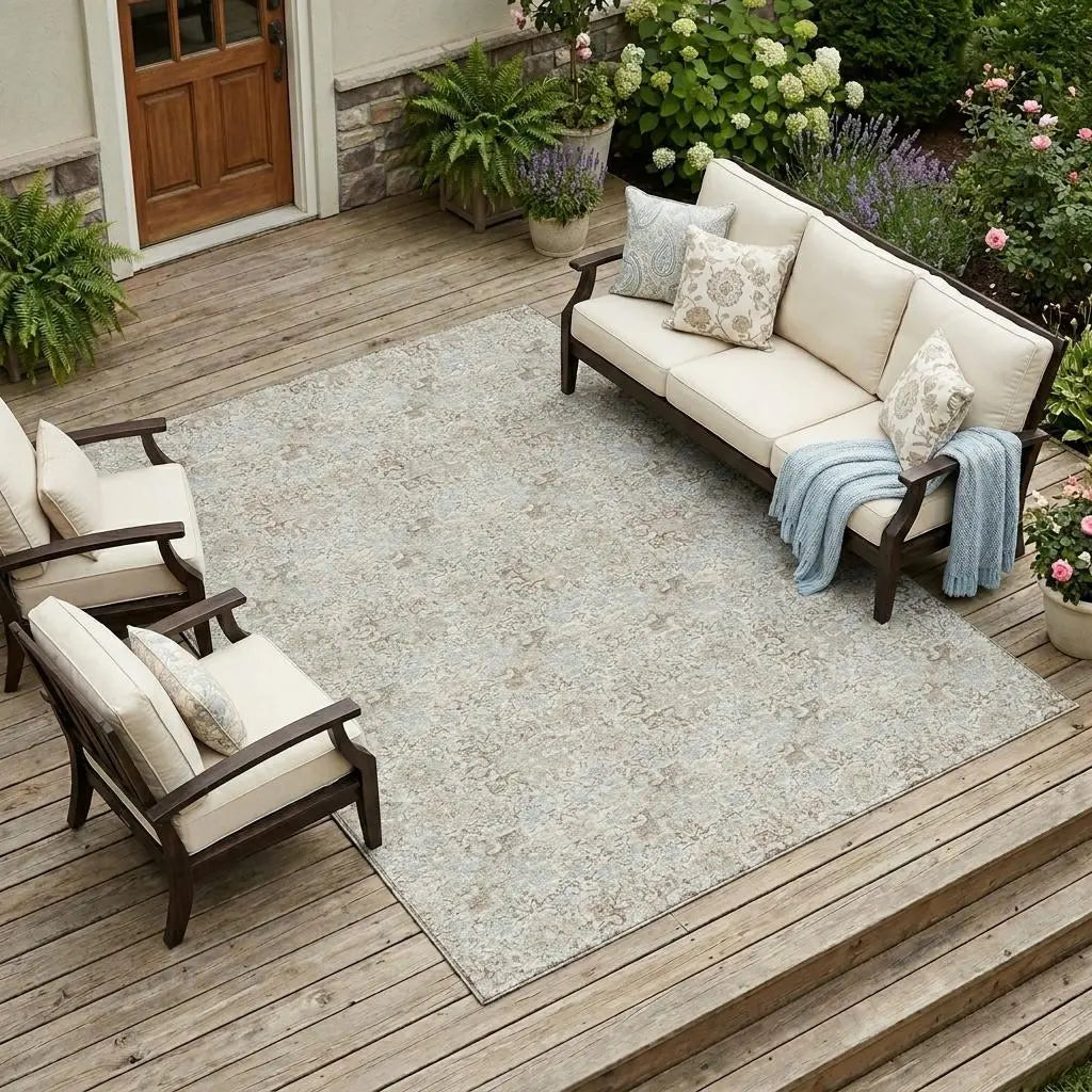 9' X 12' Ivory And Silver Damask Washable Indoor Outdoor Area Rug Homeroots Outdoor