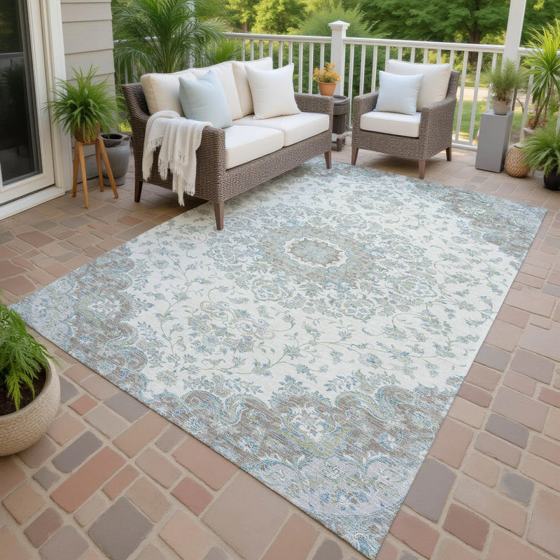 9' X 12' Ivory And Silver Floral Medallion Washable Indoor Outdoor Area Rug Homeroots Outdoor