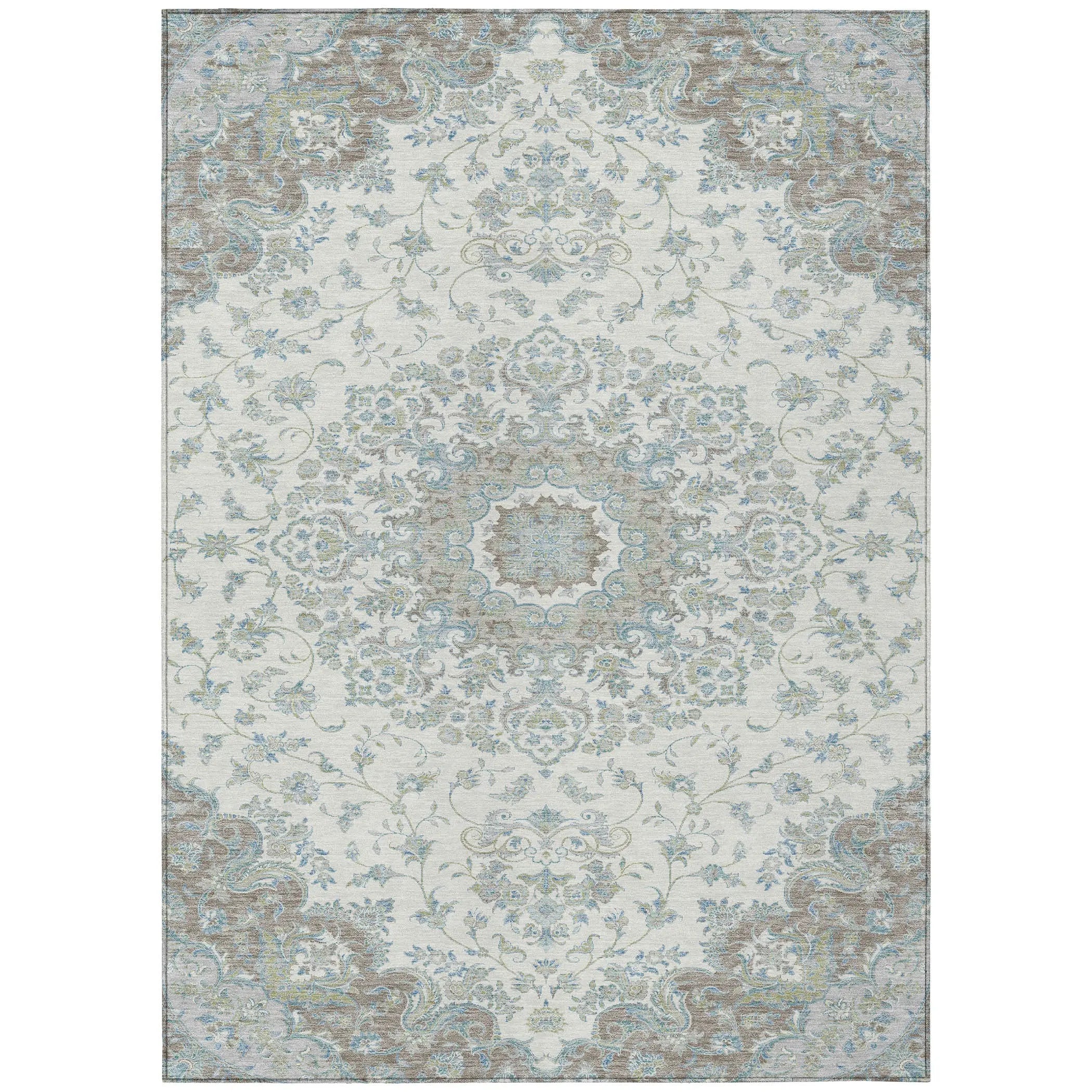 9' X 12' Ivory And Silver Floral Medallion Washable Indoor Outdoor Area Rug Homeroots Outdoor