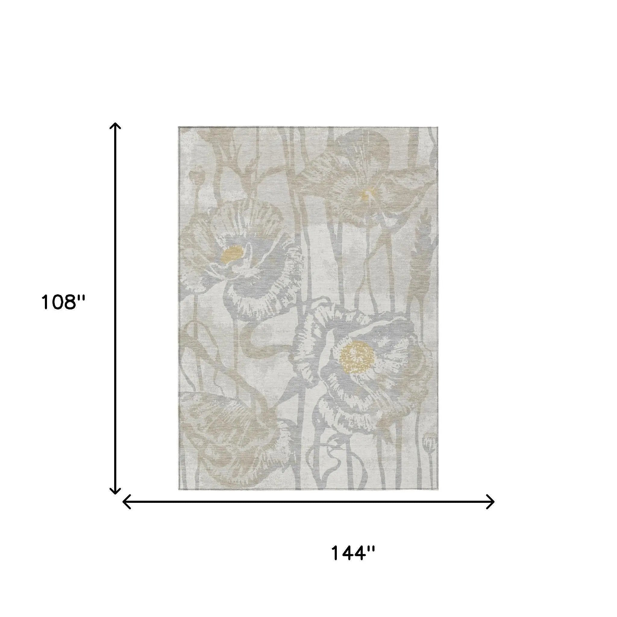 9' X 12' Ivory And Silver Floral Washable Indoor Outdoor Area Rug Homeroots Outdoor