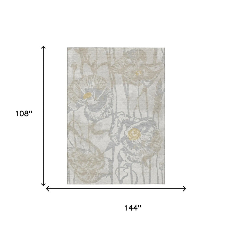9' X 12' Ivory And Silver Floral Washable Indoor Outdoor Area Rug Homeroots Outdoor