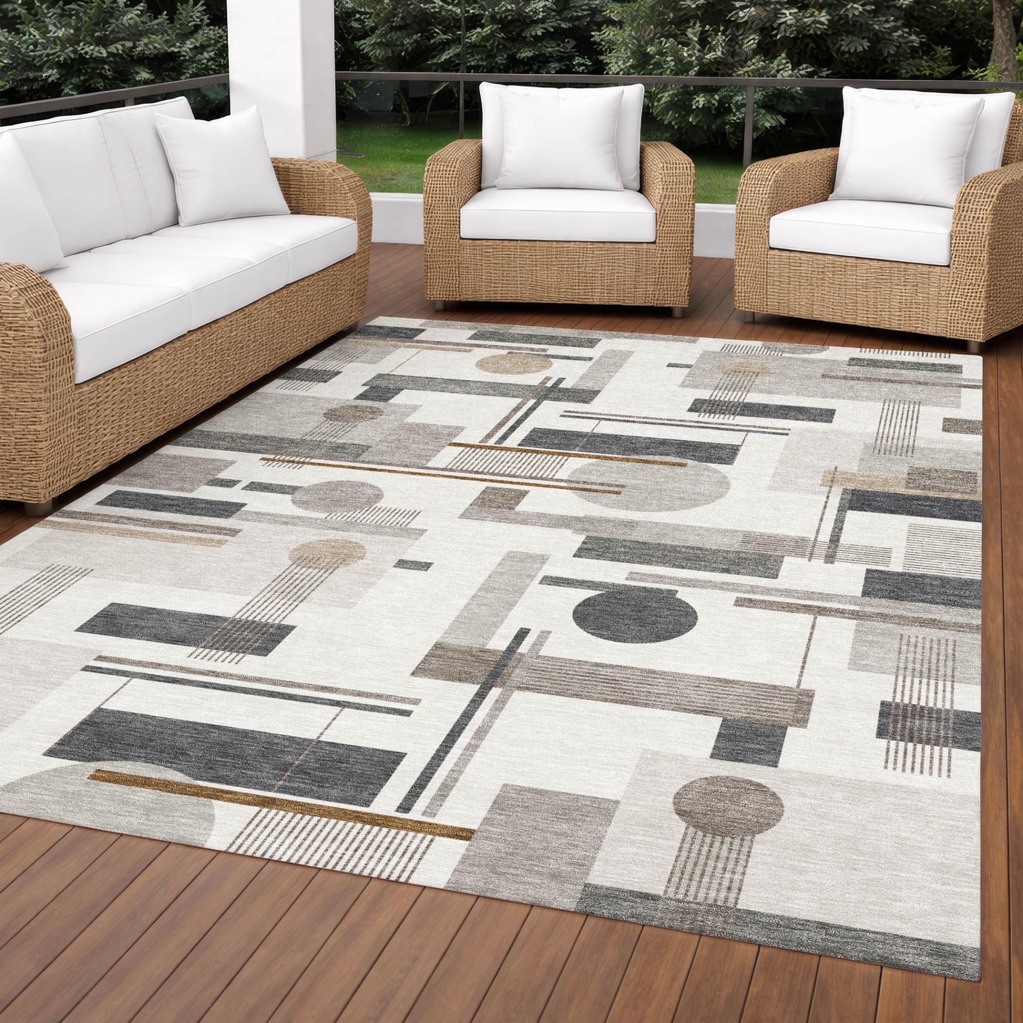 9' X 12' Ivory And Silver Geometric Washable Indoor Outdoor Area Rug Homeroots Outdoor