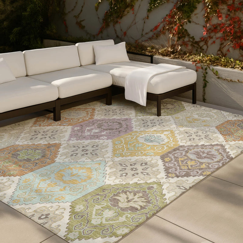 9' X 12' Ivory And Sky Blue Geometric Washable Indoor Outdoor Area Rug Homeroots Outdoor