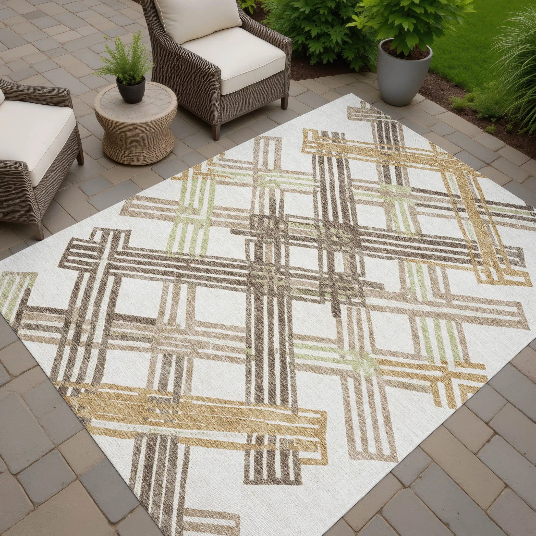 9' X 12' Ivory And Taupe Geometric Washable Indoor Outdoor Area Rug Homeroots Outdoor