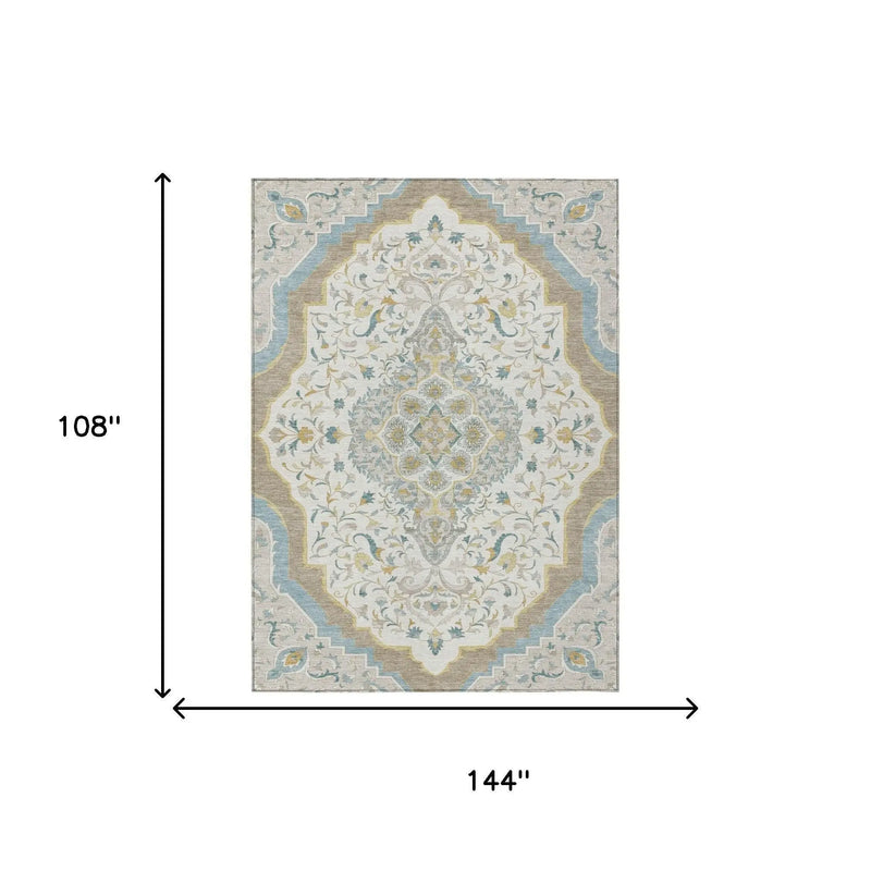 9' X 12' Ivory And Taupe Medallion Washable Indoor Outdoor Area Rug Homeroots Outdoor