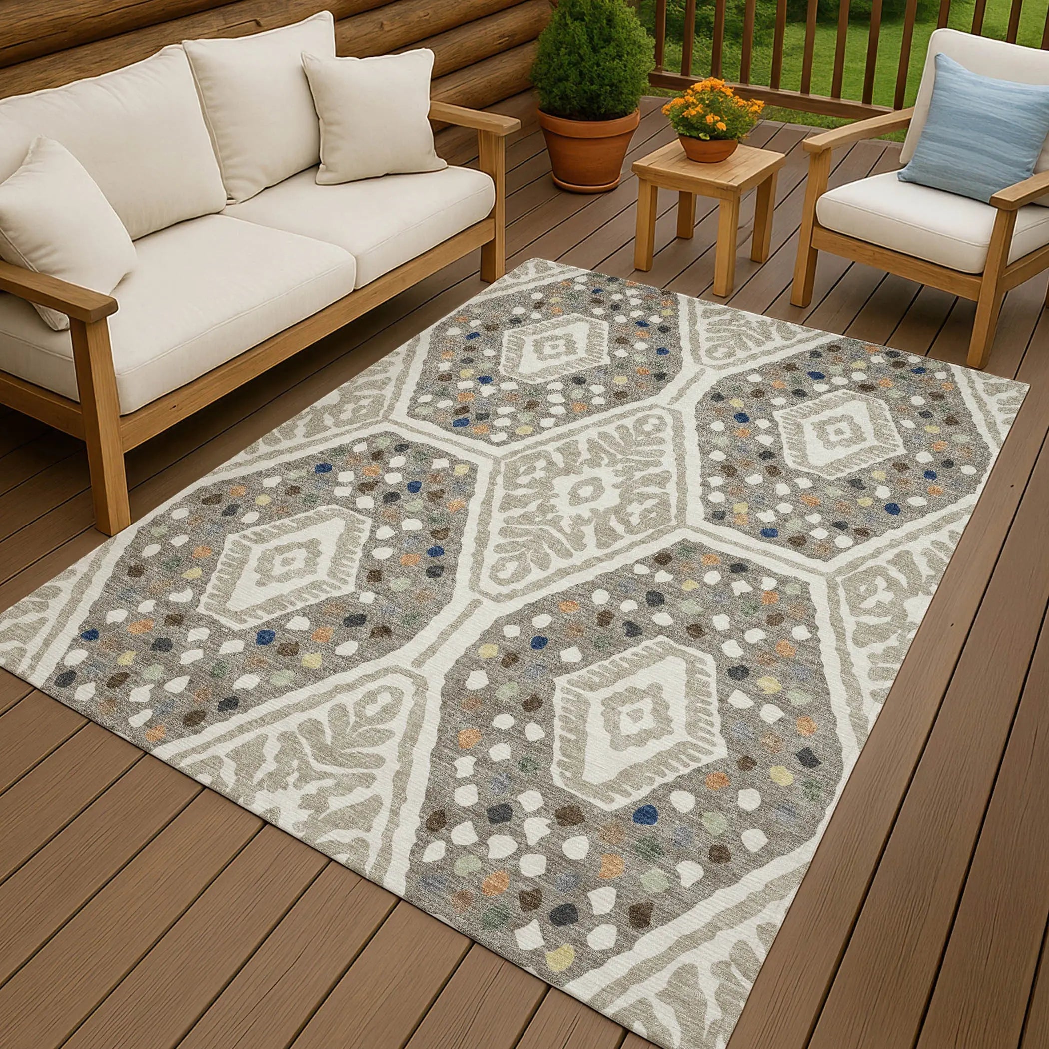 9' X 12' Ivory And Taupe Tribal Washable Indoor Outdoor Area Rug Homeroots Outdoor