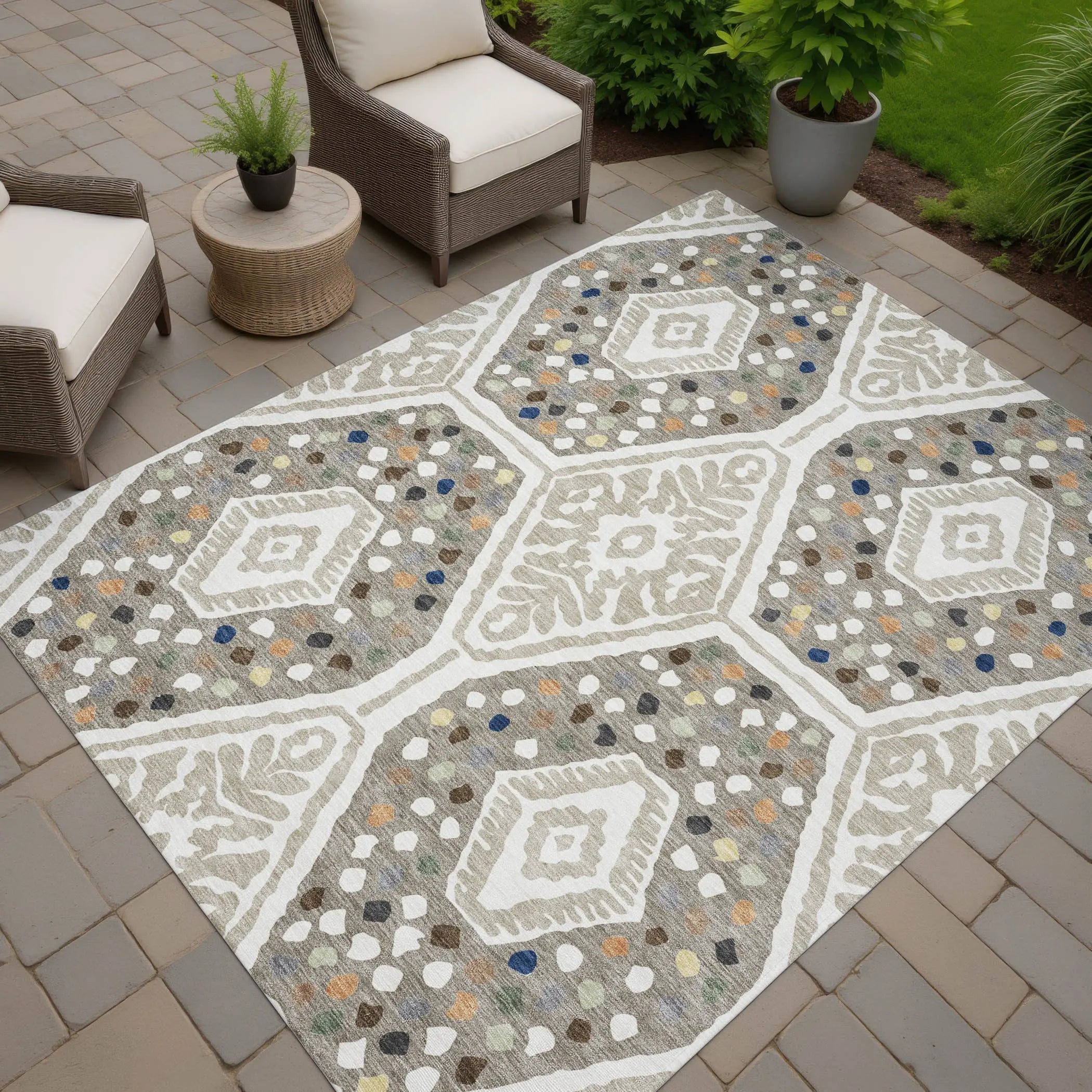9' X 12' Ivory And Taupe Tribal Washable Indoor Outdoor Area Rug Homeroots Outdoor