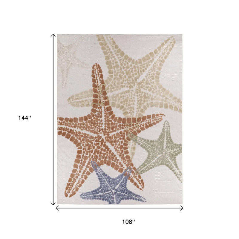 9' X 12' Ivory Blue Yellow Orange And Green Starfish Indoor Outdoor Area Rug Homeroots Outdoor