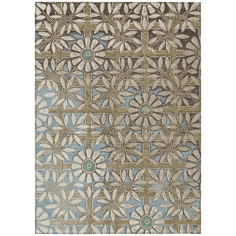 Tan and blue floral patterned area rug, featuring intricate designs in soft, durable material, ideal for modern decor.