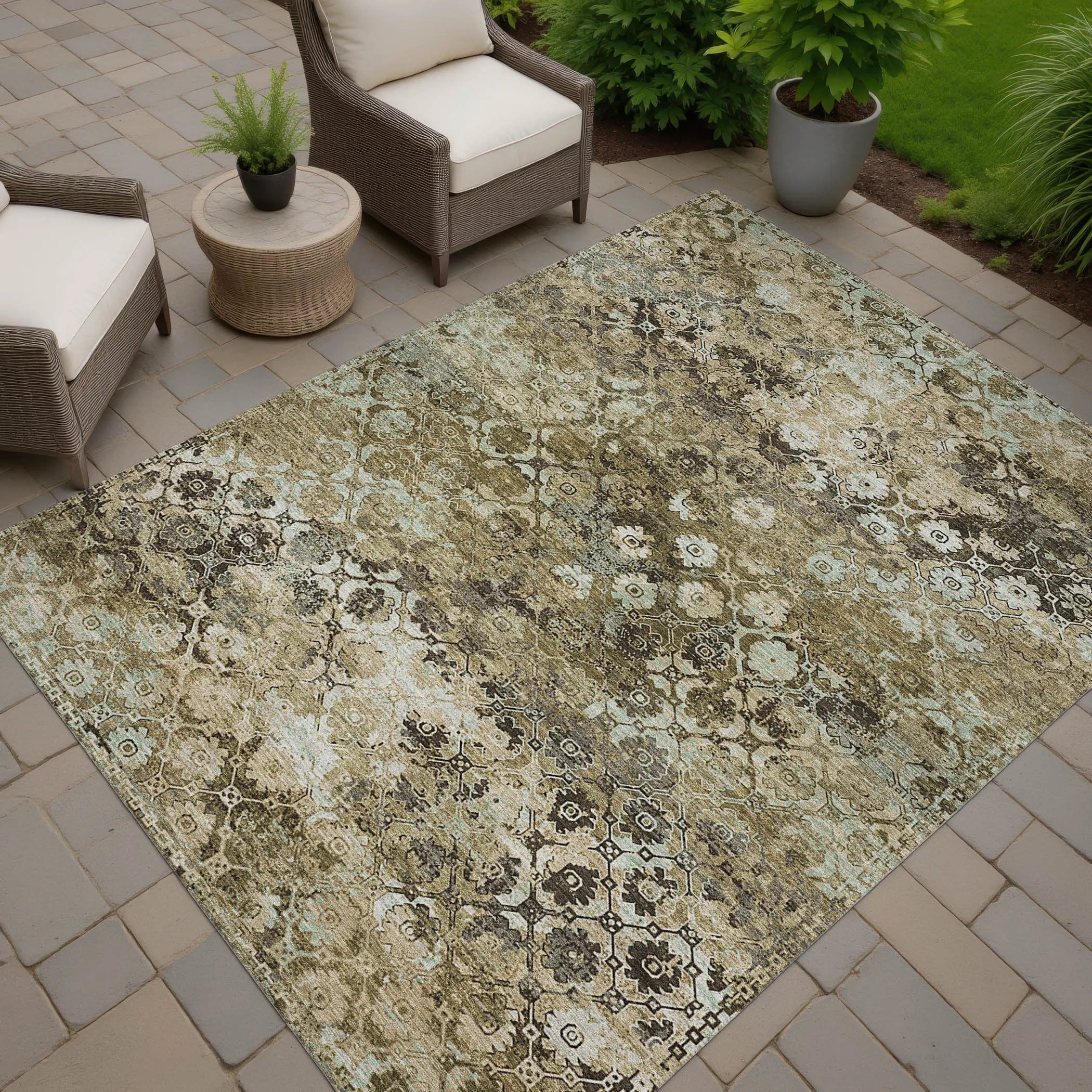 9' X 12' Khaki And Olive Green Abstract Washable Indoor Outdoor Area Rug Homeroots Outdoor