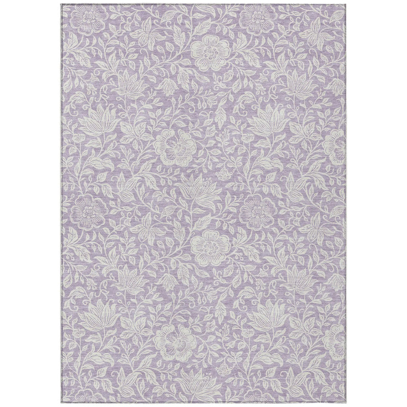 Purple floral patterned area rug with intricate white designs, perfect for adding elegance to any space.