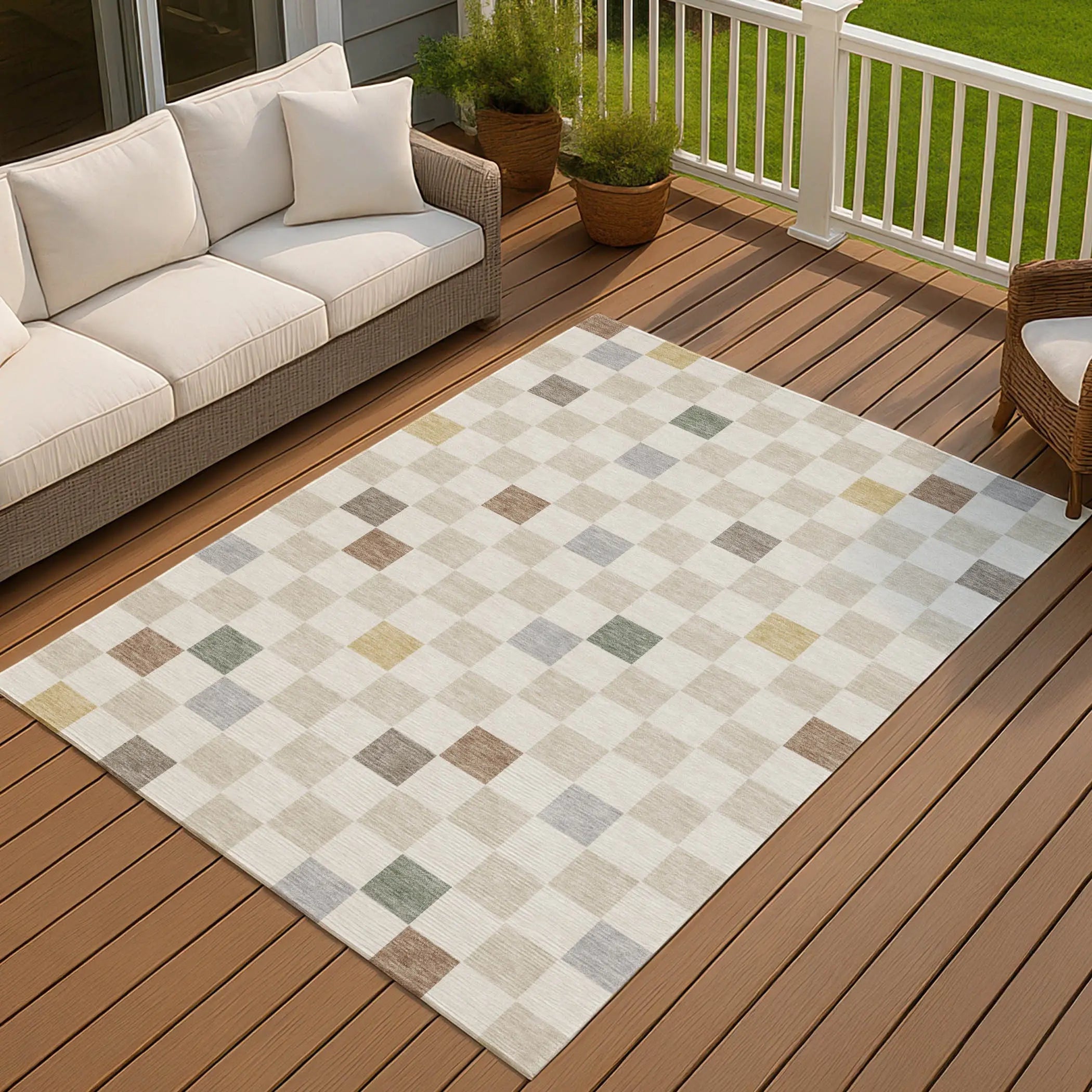 9' X 12' Linen And Black Geometric Washable Indoor Outdoor Area Rug Homeroots Outdoor