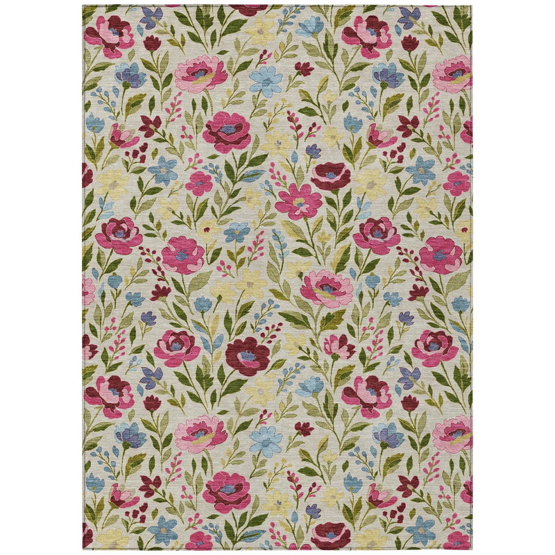 9' X 12' Linen And Blush Floral Washable Indoor Outdoor Area Rug Homeroots Outdoor