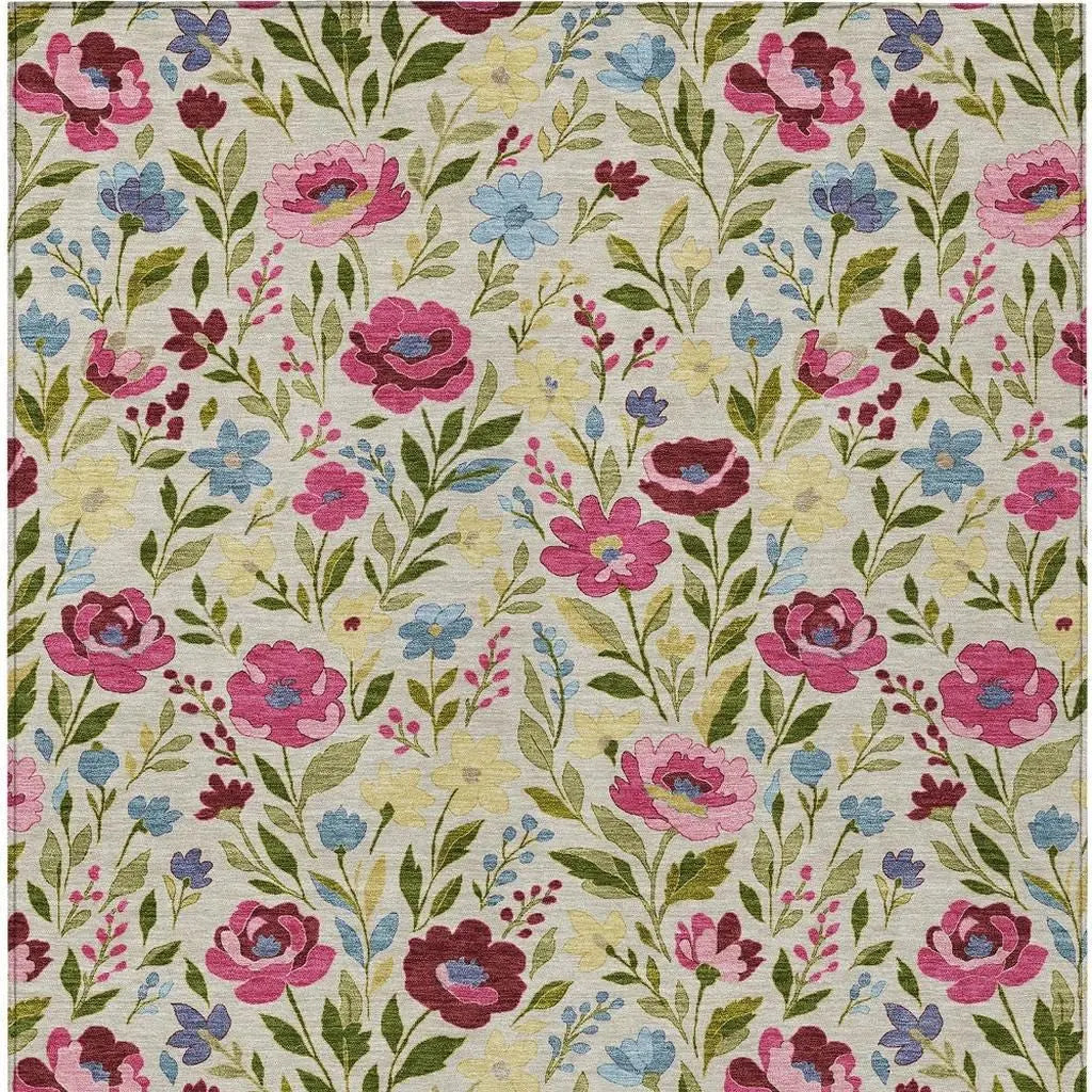 9' X 12' Linen And Blush Floral Washable Indoor Outdoor Area Rug Homeroots Outdoor