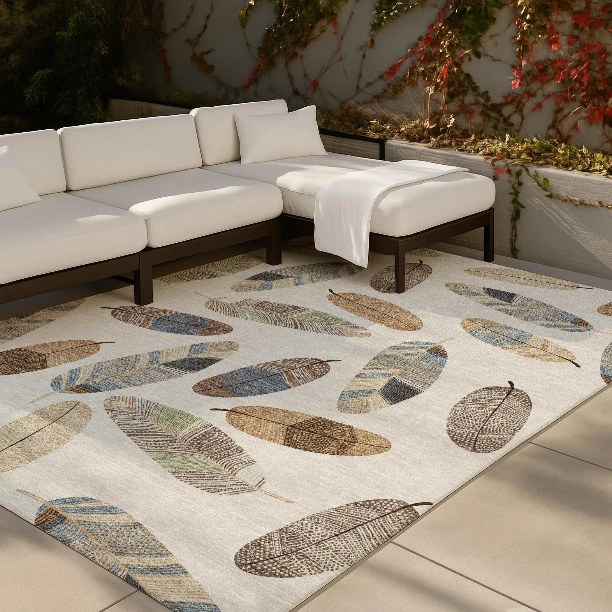 9' X 12' Linen And Ivory Botanical Leaves Washable Indoor Outdoor Area Rug Homeroots Outdoor