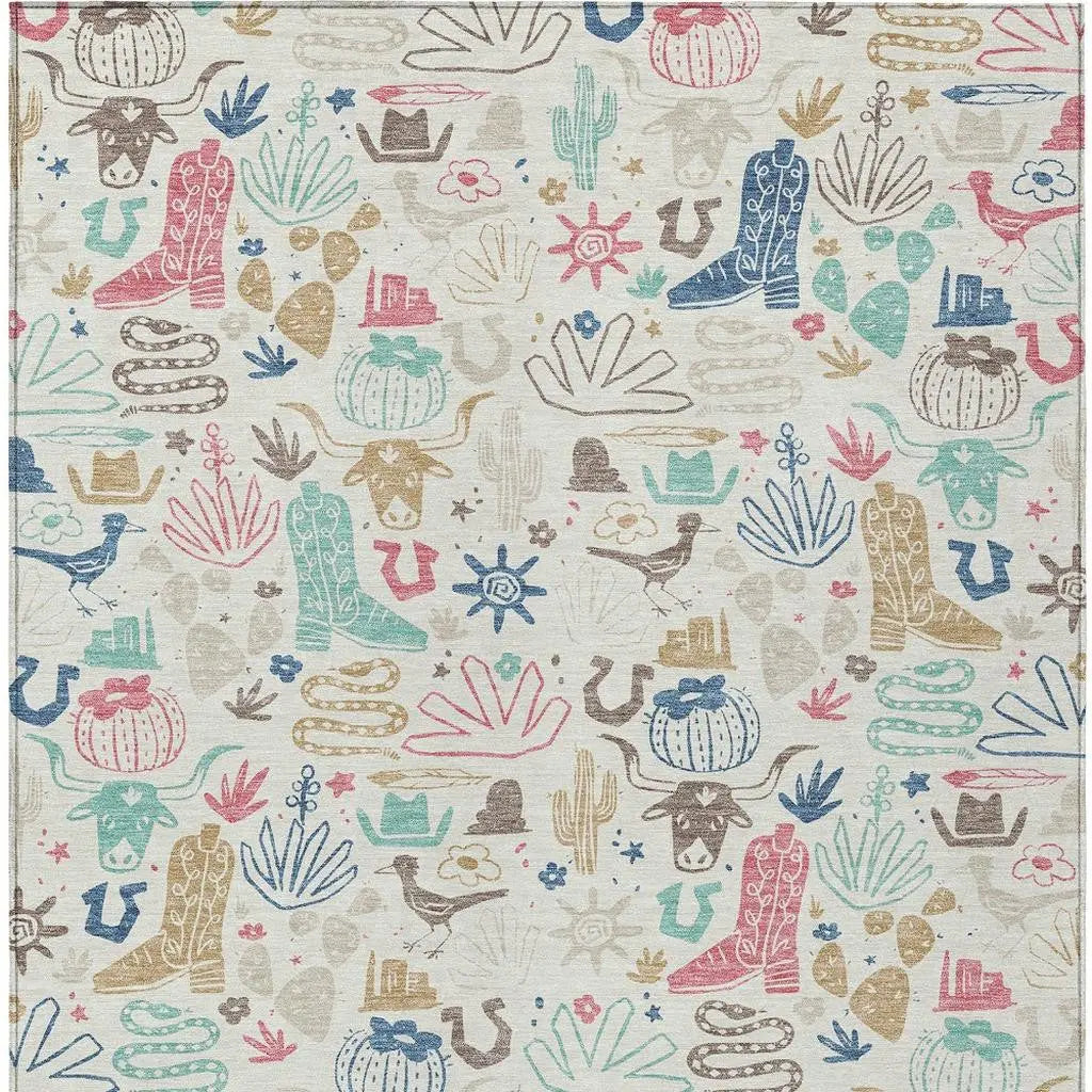 9' X 12' Linen And Pink Cactus Washable Indoor Outdoor Area Rug Homeroots Outdoor
