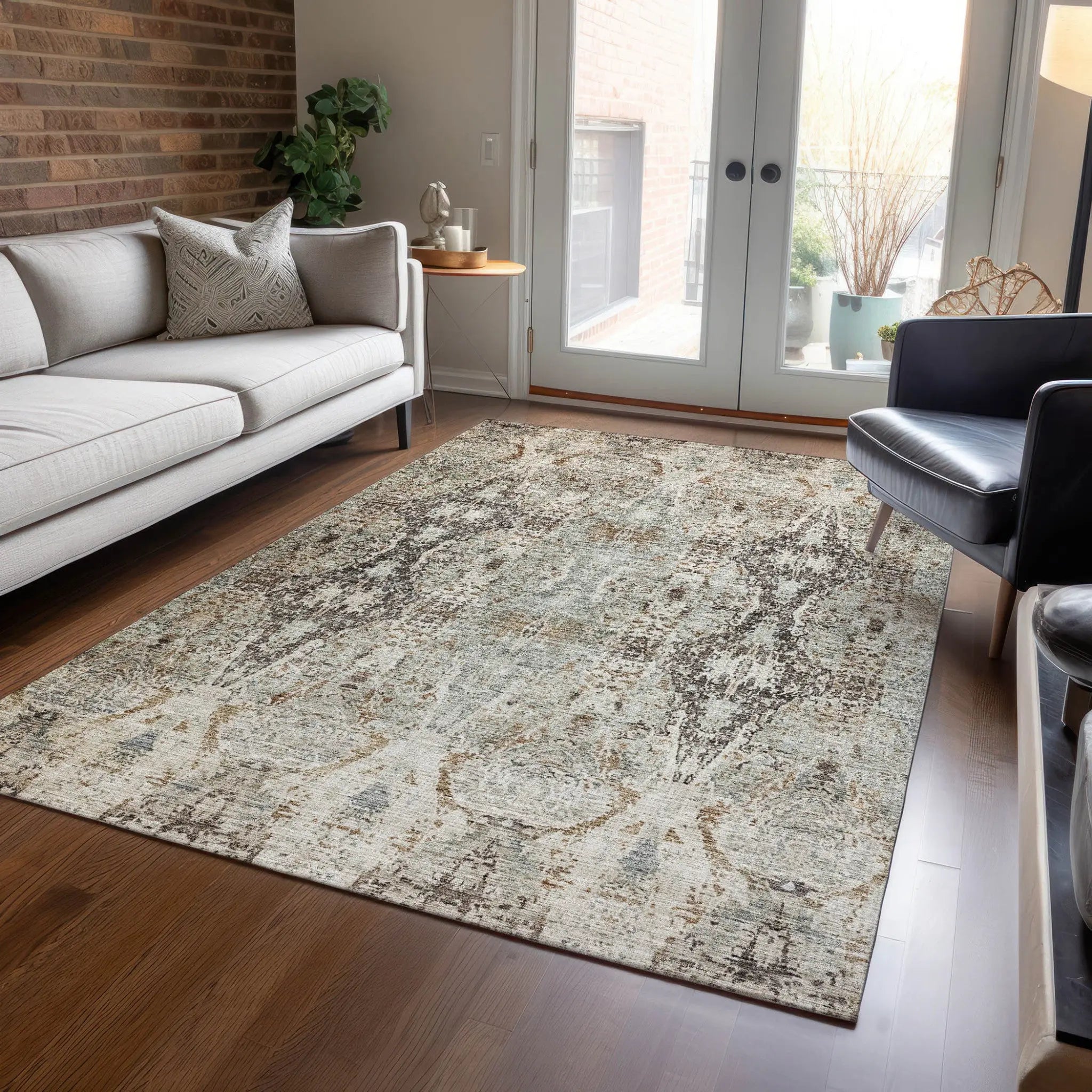 9' X 12' Linen Black And Brown Floral Washable Indoor Outdoor Area Rug Homeroots Outdoor