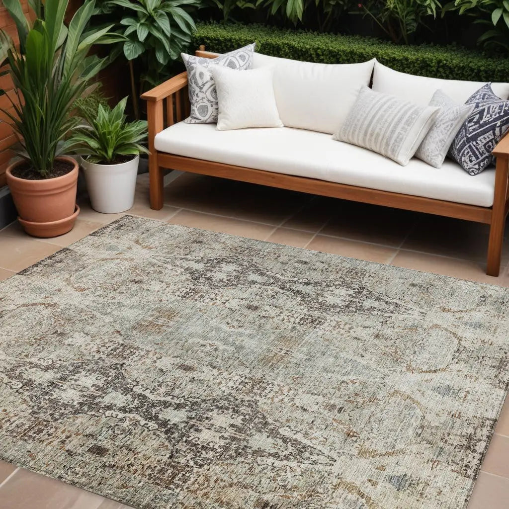 9' X 12' Linen Black And Brown Floral Washable Indoor Outdoor Area Rug Homeroots Outdoor