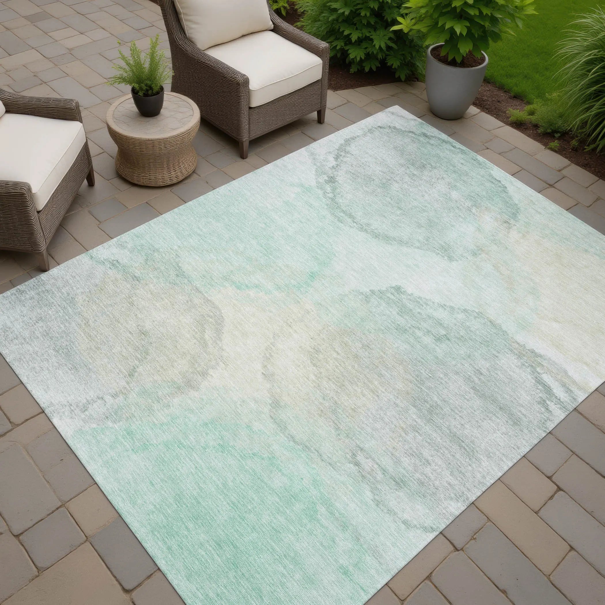 9' X 12' Mint Green And Teal Blue Abstract Washable Indoor Outdoor Area Rug Homeroots Outdoor