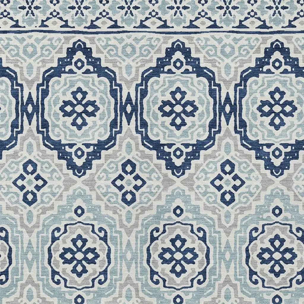 9' X 12' Navy Blue And Aqua Tribal Washable Indoor Outdoor Area Rug Homeroots Outdoor