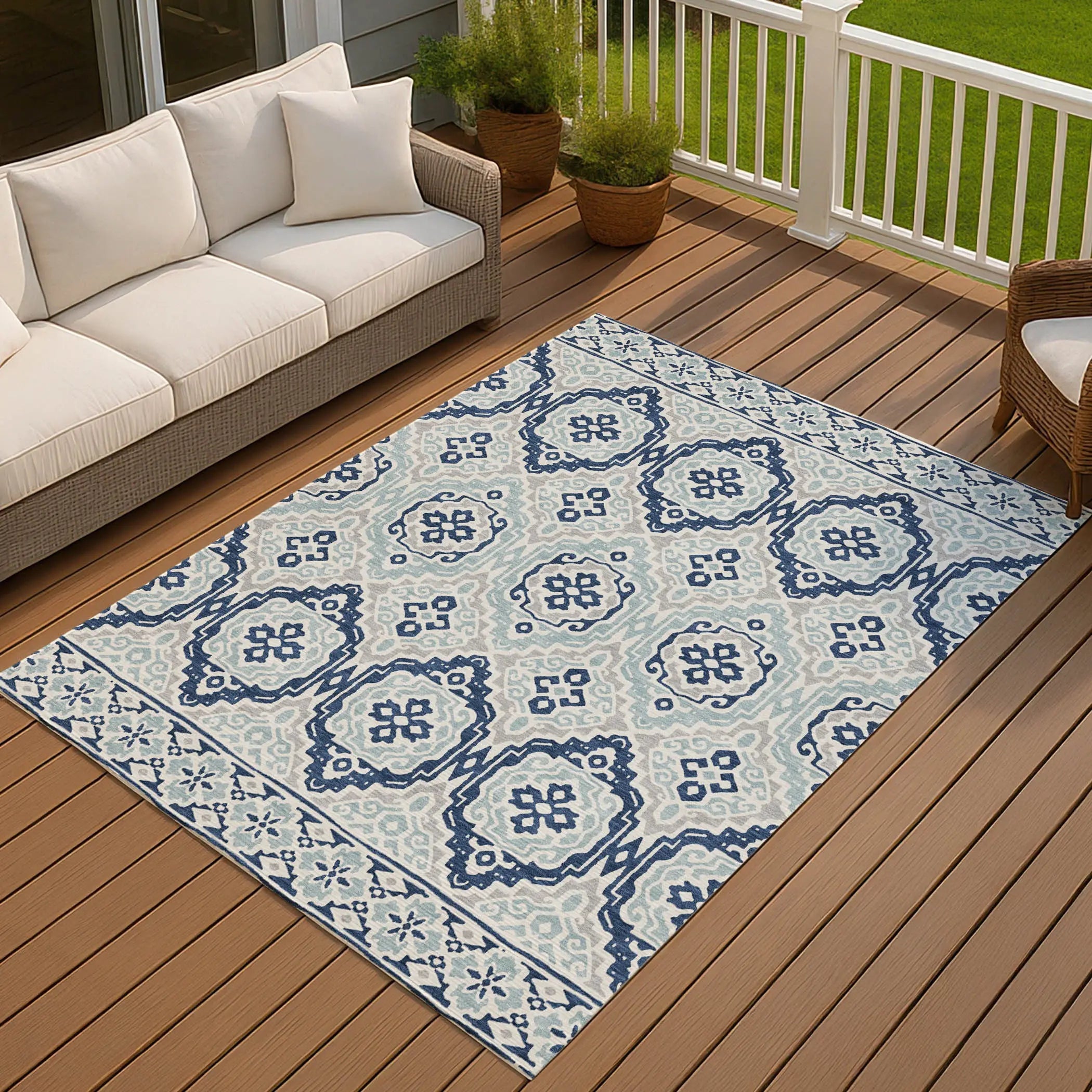 9' X 12' Navy Blue And Aqua Tribal Washable Indoor Outdoor Area Rug Homeroots Outdoor
