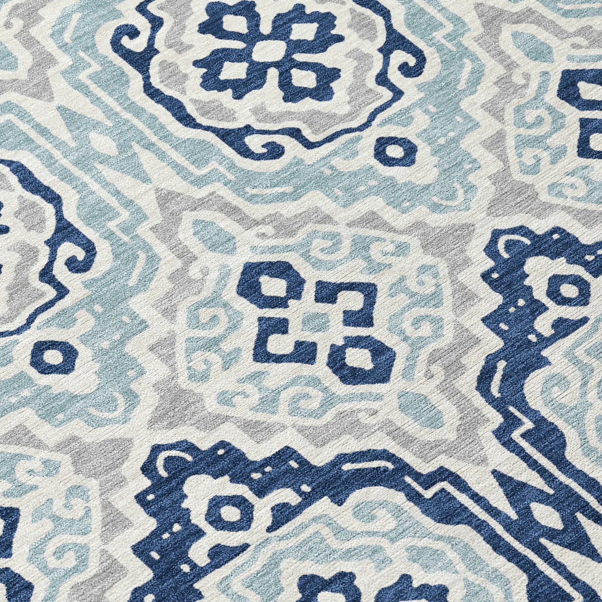 9' X 12' Navy Blue And Aqua Tribal Washable Indoor Outdoor Area Rug Homeroots Outdoor