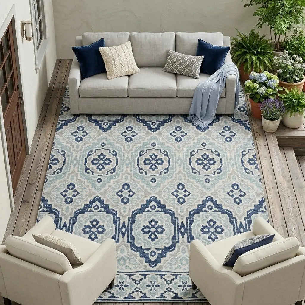 9' X 12' Navy Blue And Aqua Tribal Washable Indoor Outdoor Area Rug Homeroots Outdoor
