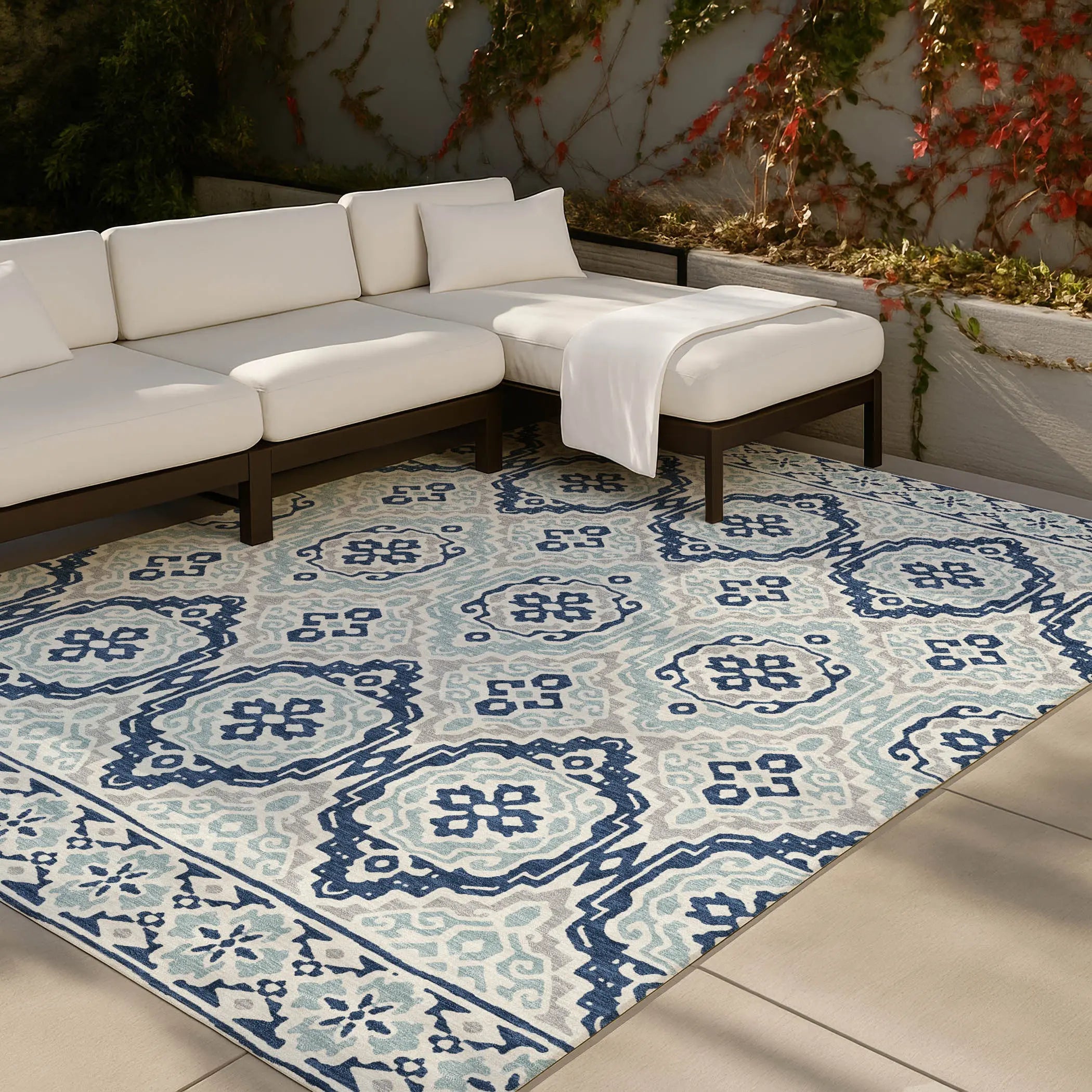 9' X 12' Navy Blue And Aqua Tribal Washable Indoor Outdoor Area Rug Homeroots Outdoor