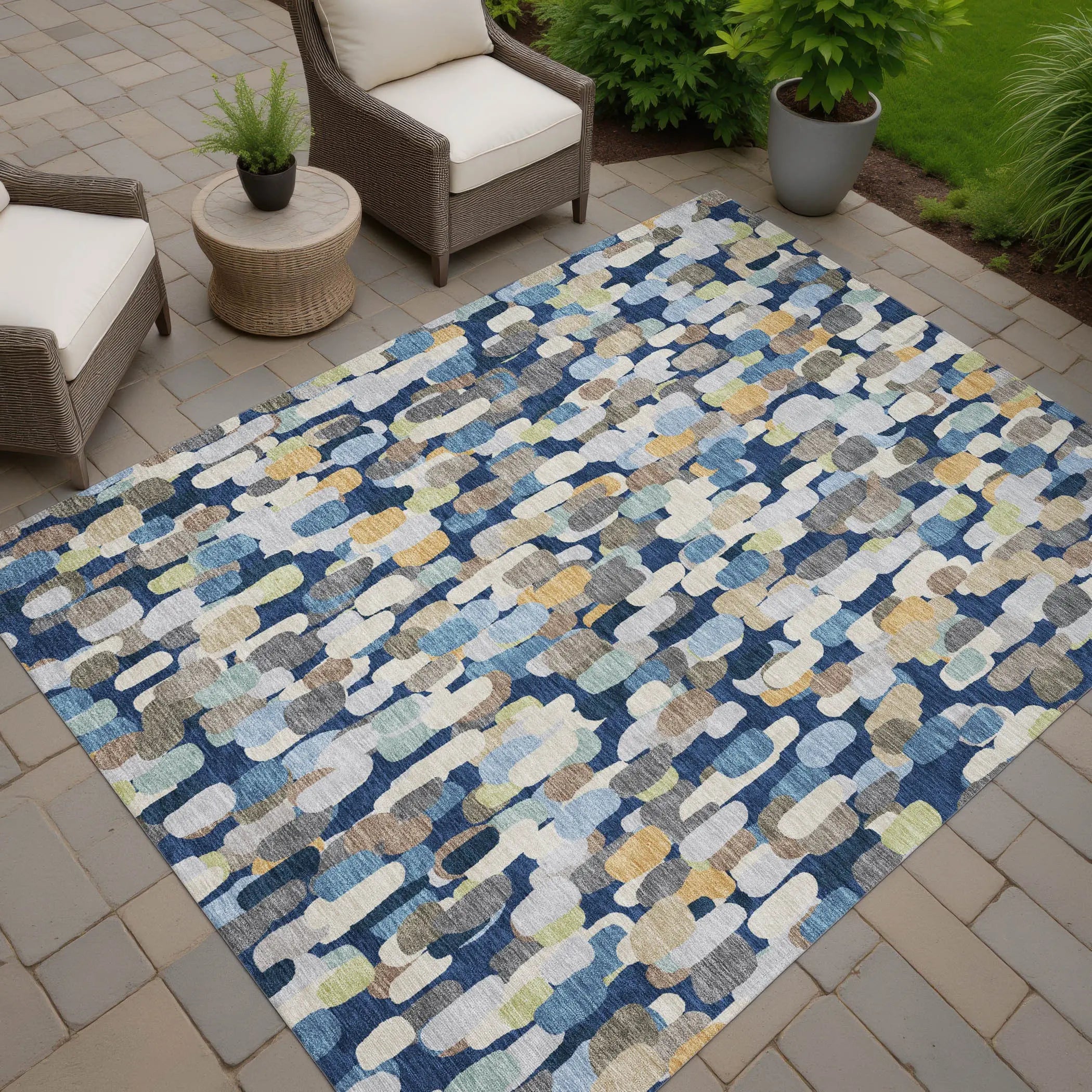 9' X 12' Navy Blue And Beige Abstract Washable Indoor Outdoor Area Rug Homeroots Outdoor