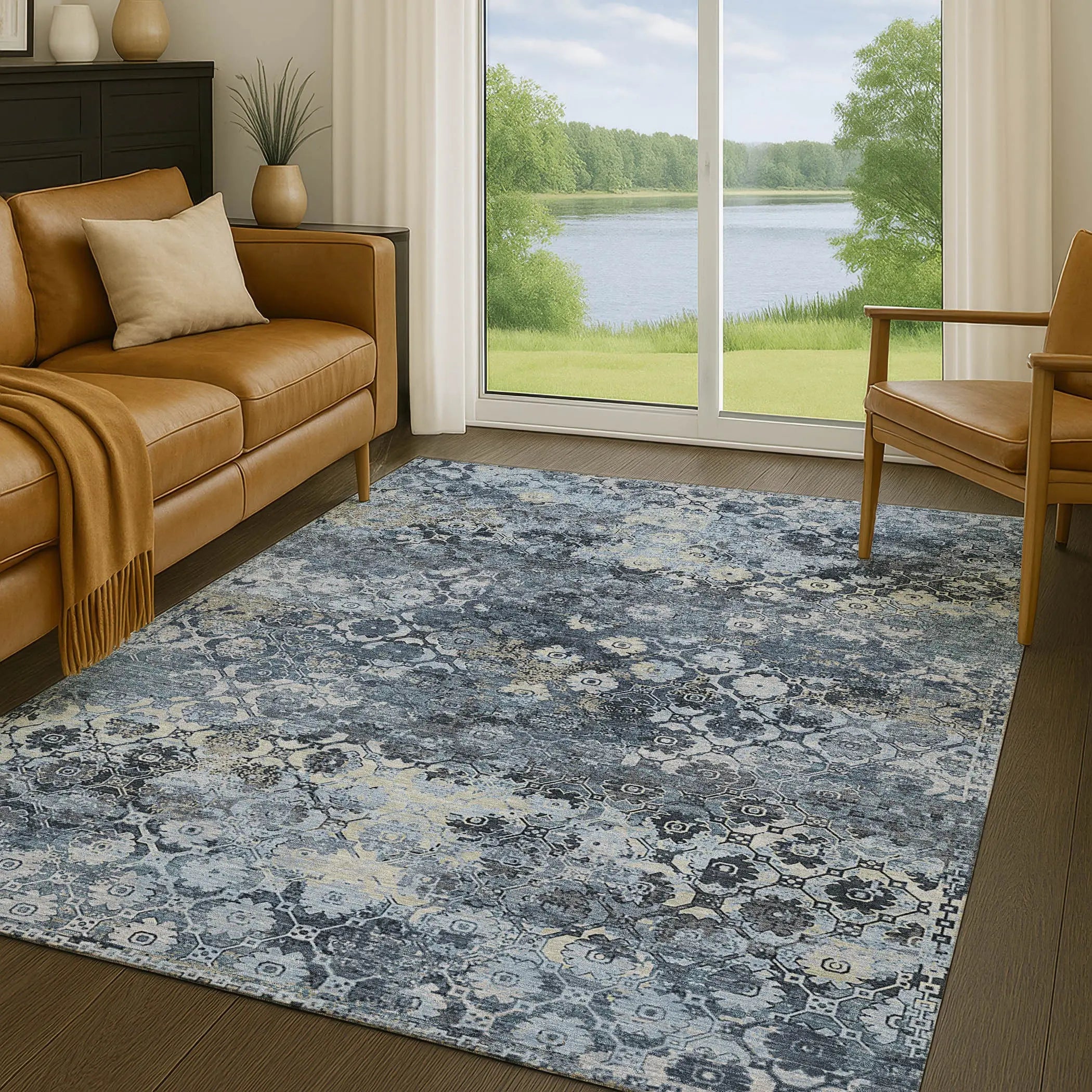 9' X 12' Navy Blue And Blue Abstract Washable Indoor Outdoor Area Rug Homeroots Outdoor