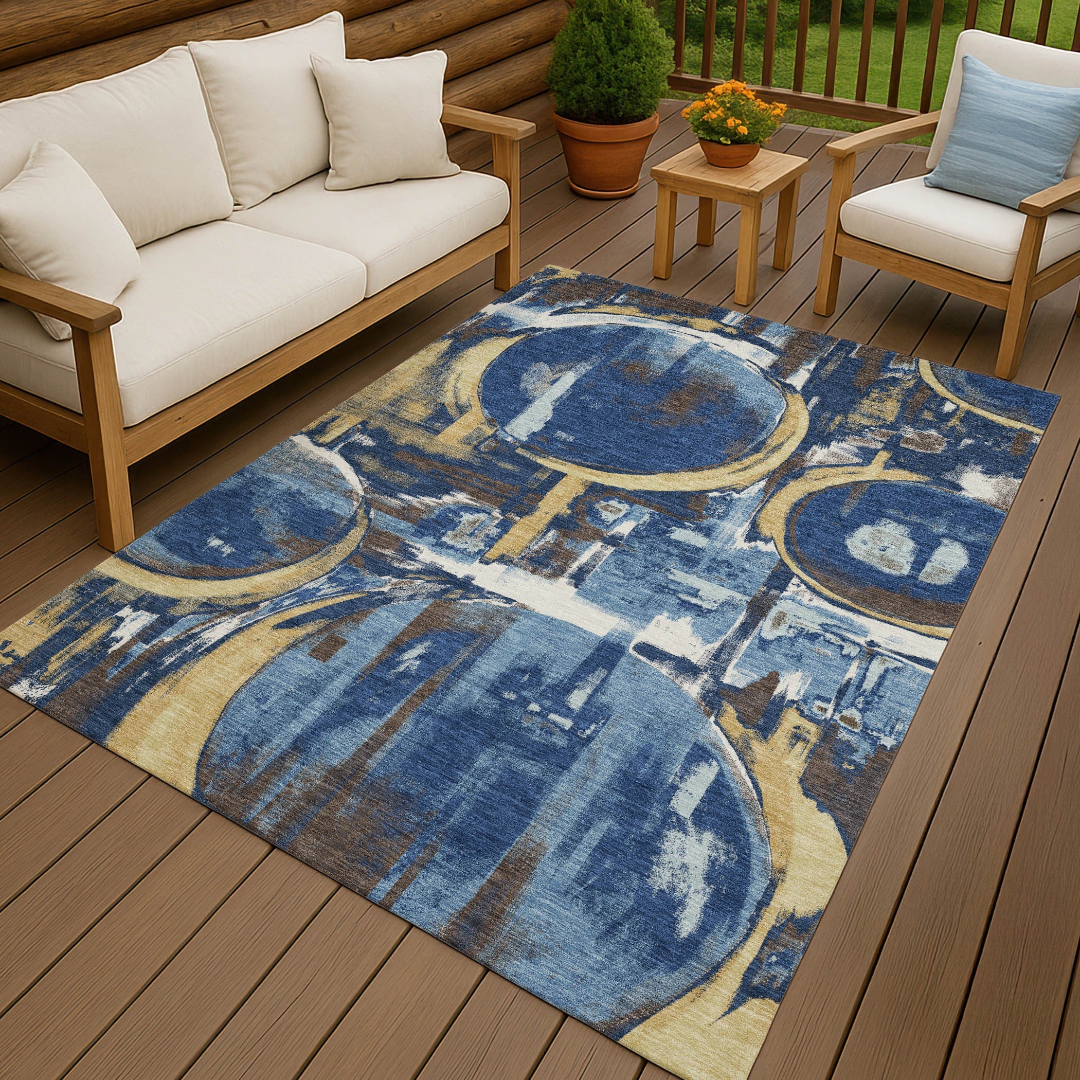 9' X 12' Navy Blue And Blue Abstract Washable Indoor Outdoor Area Rug Homeroots Outdoor