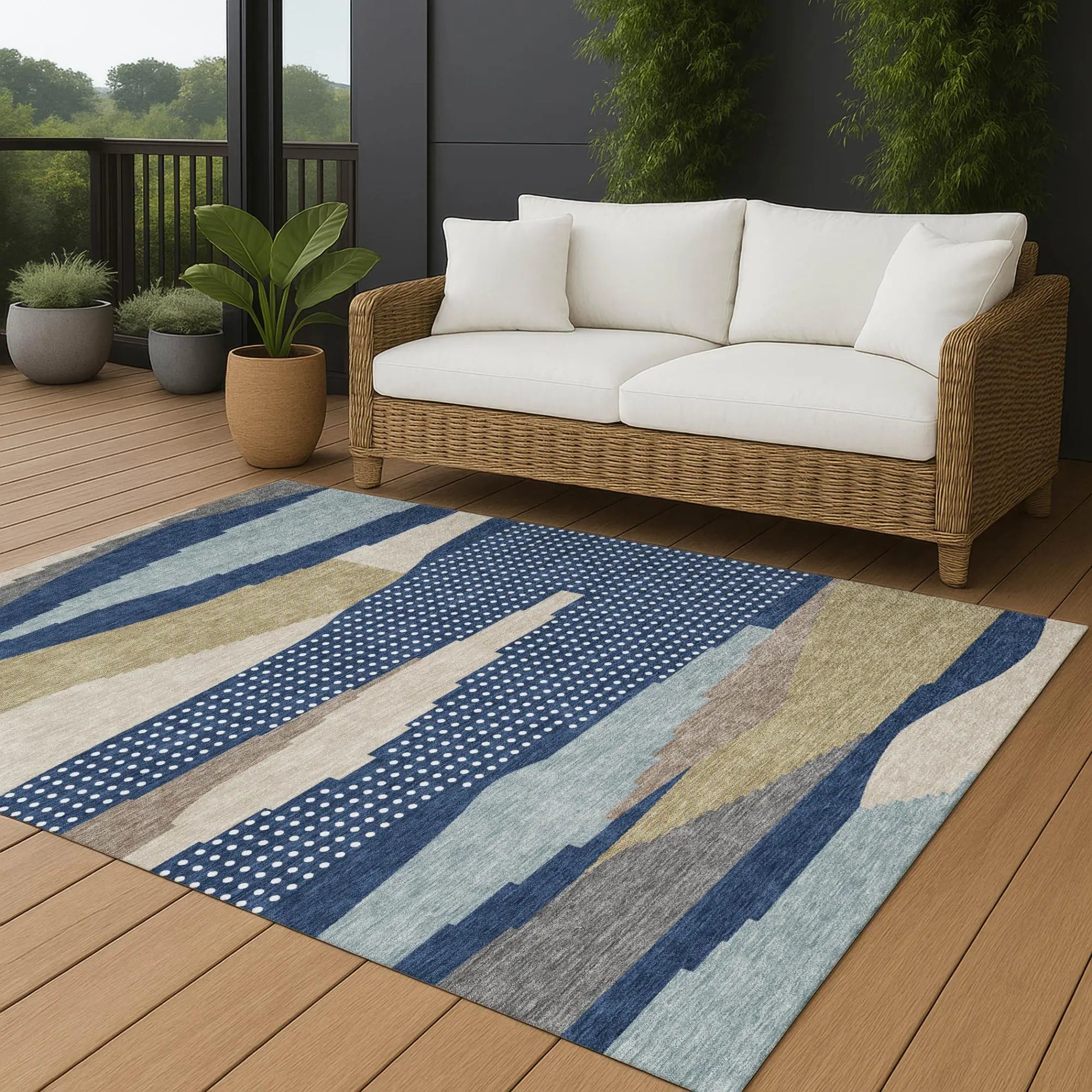 9' X 12' Navy Blue And Blue Abstract Washable Indoor Outdoor Area Rug Homeroots Outdoor