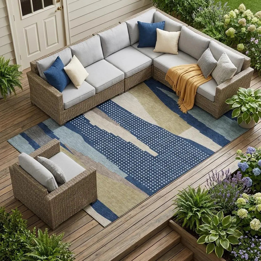 9' X 12' Navy Blue And Blue Abstract Washable Indoor Outdoor Area Rug Homeroots Outdoor