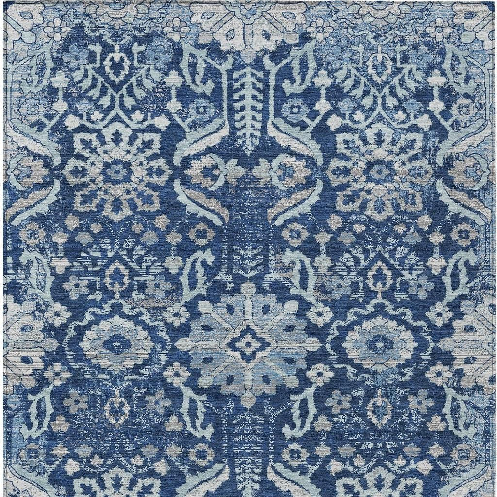 9' X 12' Navy Blue And Blue Damask Washable Indoor Outdoor Area Rug Homeroots Outdoor