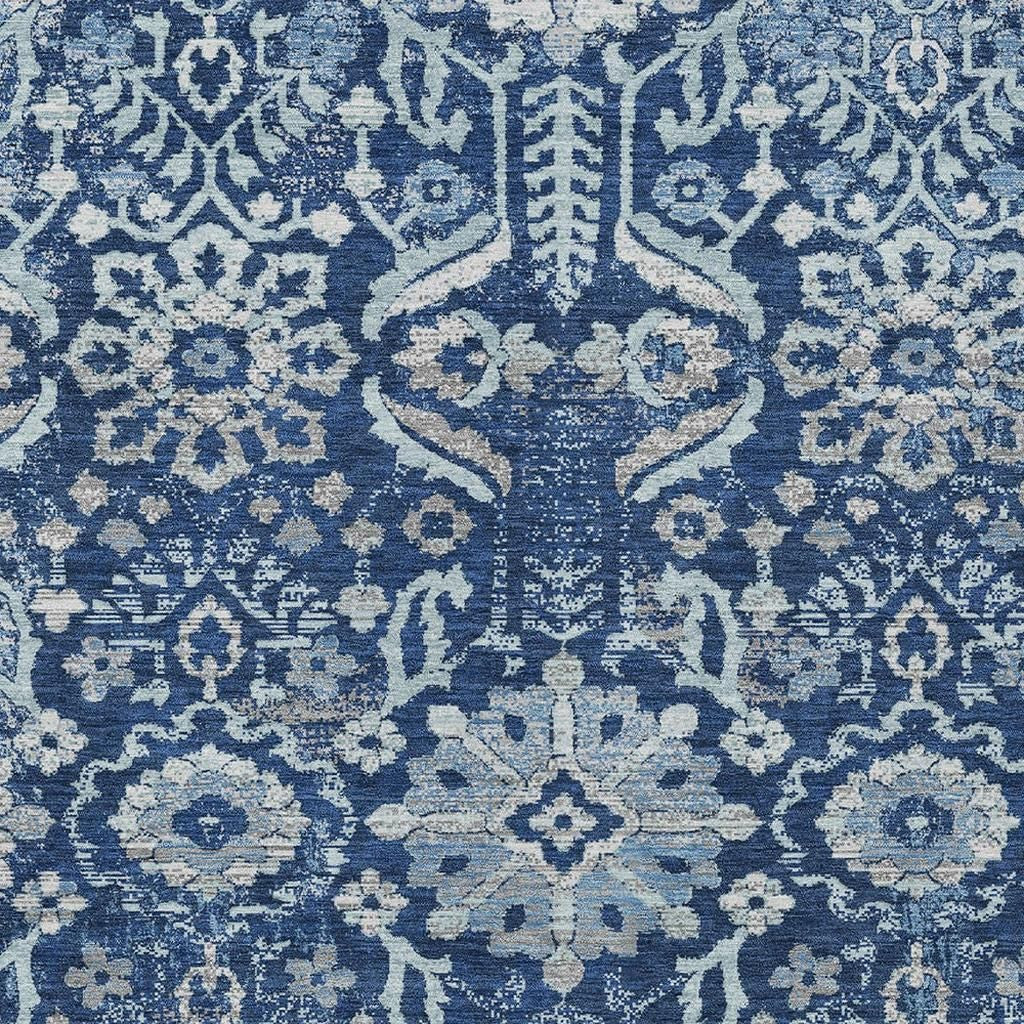 9' X 12' Navy Blue And Blue Damask Washable Indoor Outdoor Area Rug Homeroots Outdoor