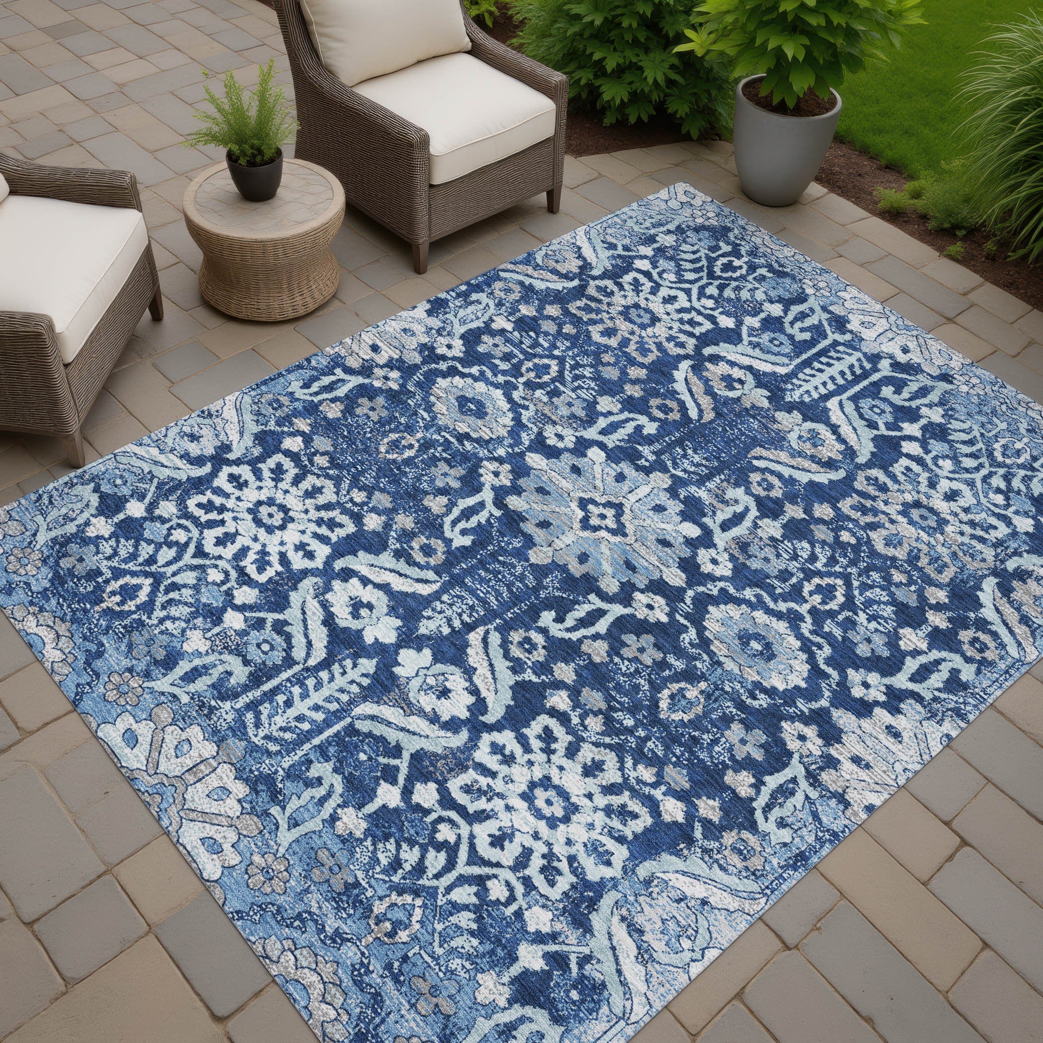 9' X 12' Navy Blue And Blue Damask Washable Indoor Outdoor Area Rug Homeroots Outdoor