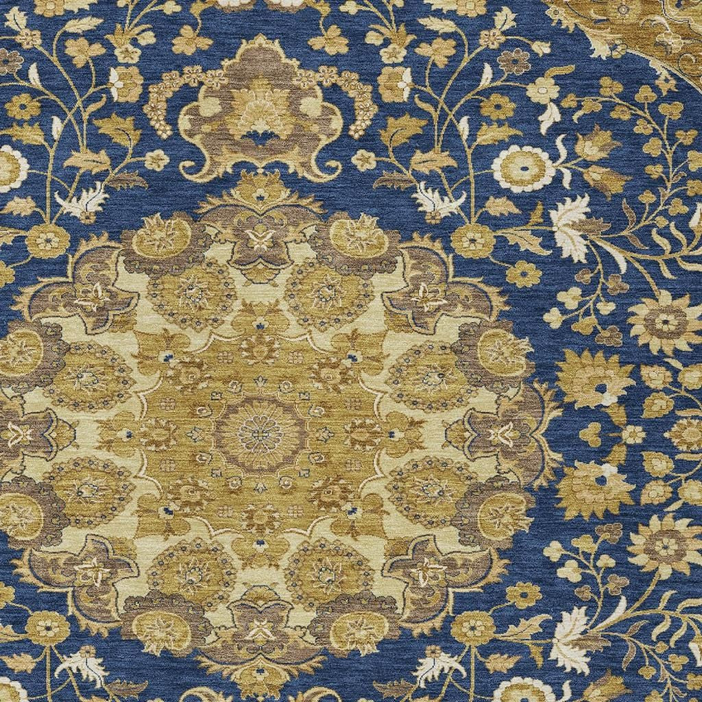 9' X 12' Navy Blue And Blue Damask Washable Indoor Outdoor Area Rug Homeroots Outdoor