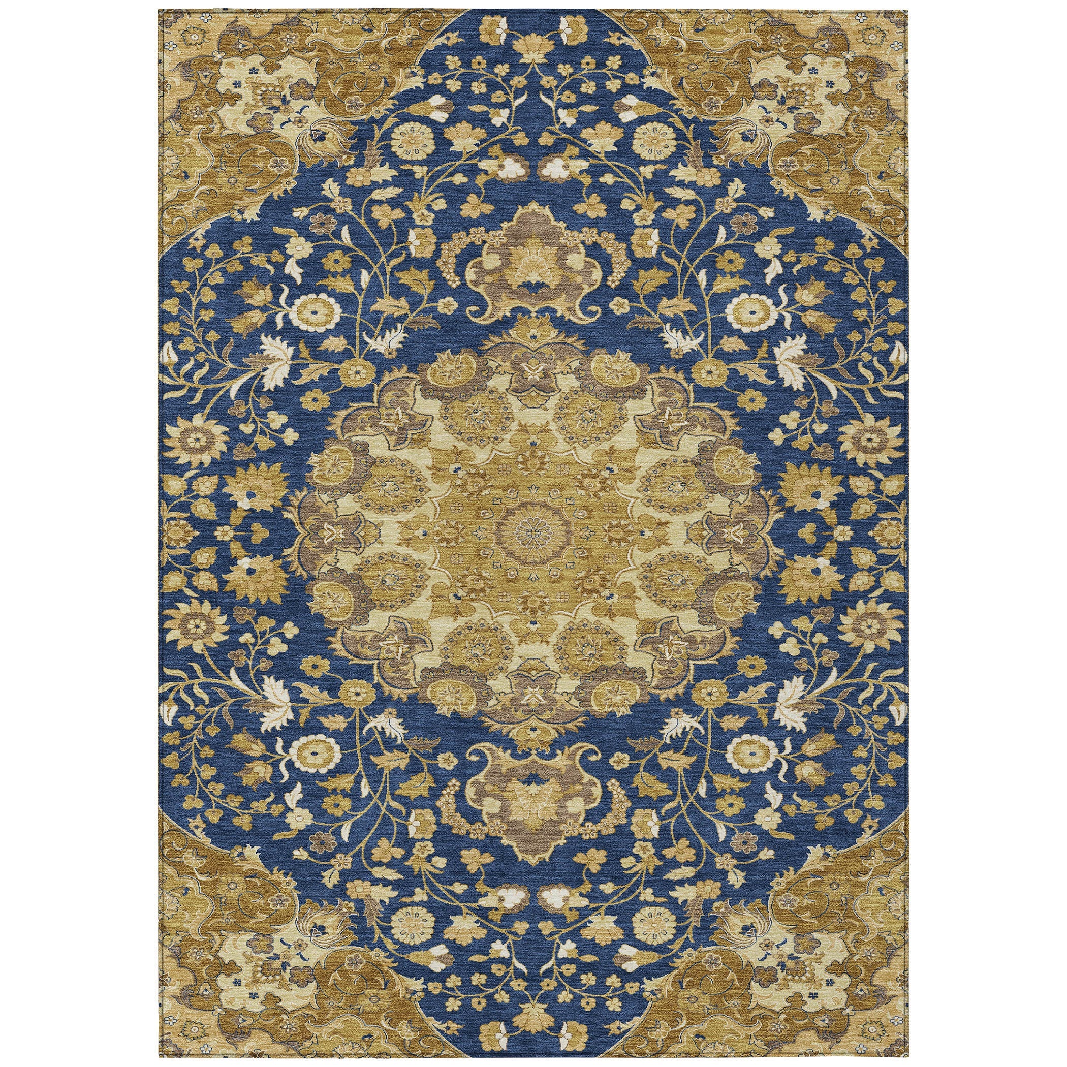 9' X 12' Navy Blue And Blue Damask Washable Indoor Outdoor Area Rug Homeroots Outdoor